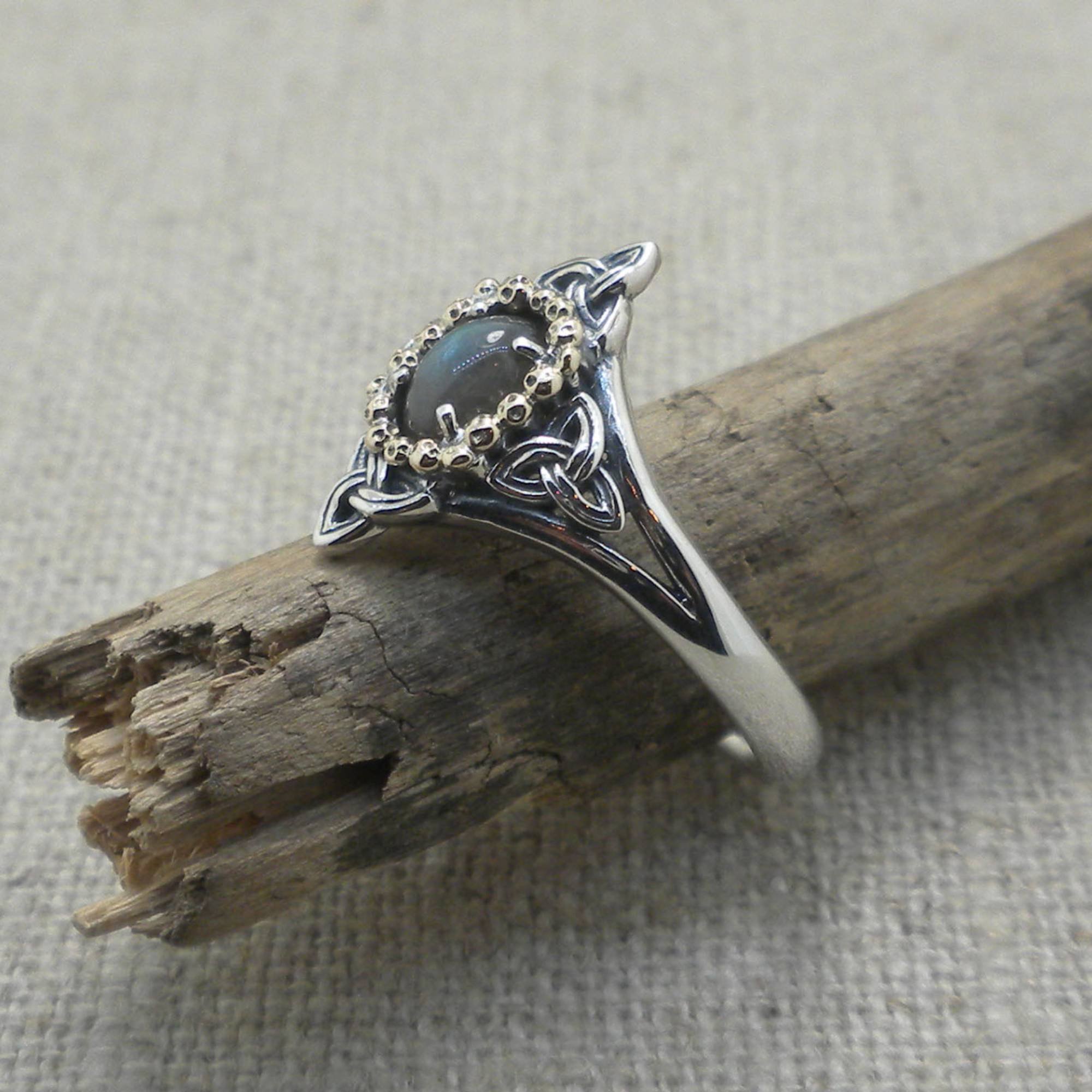 Sterling Silver &amp; 10K Labradorite Celestial Ring with Trinity Knots