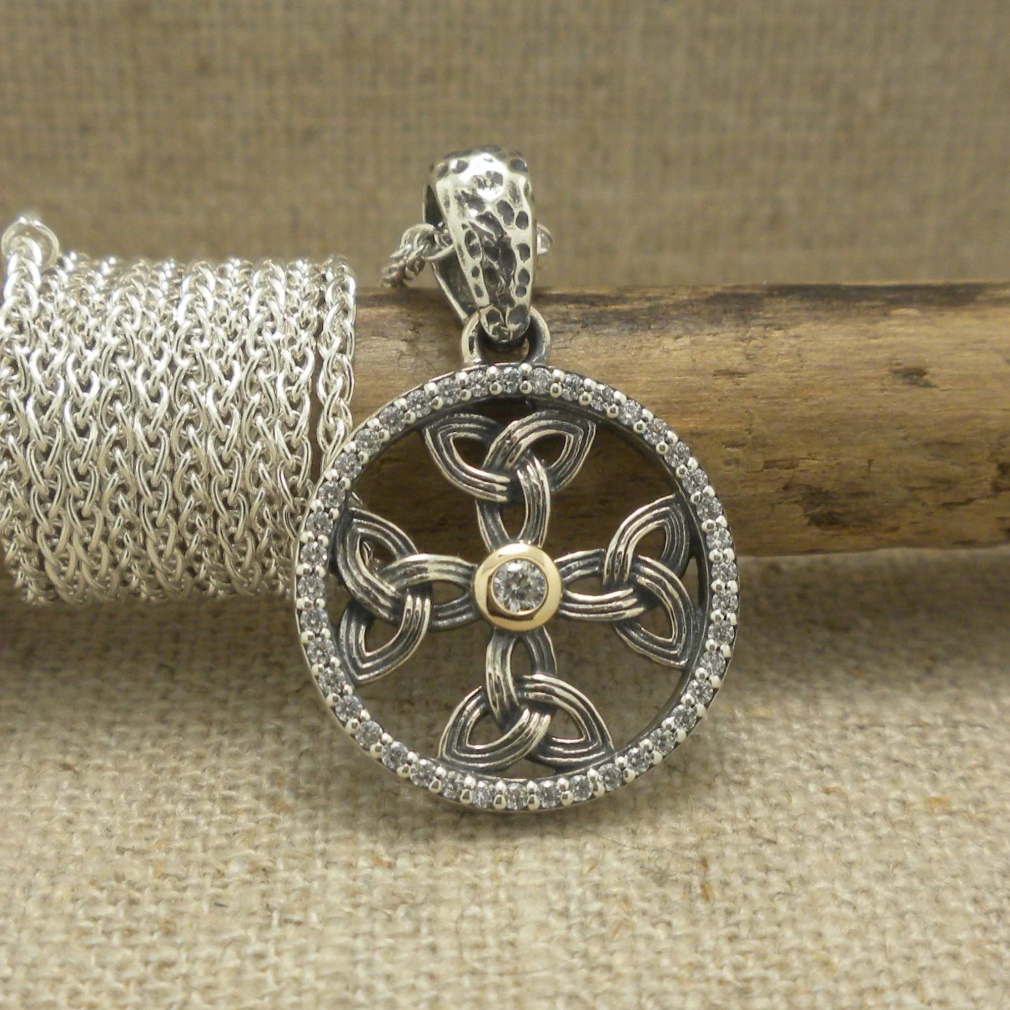 Small Sterling Silver Celtic Cross Trinity Knot Pendant with 10K Bezel CZ & CZ Accents