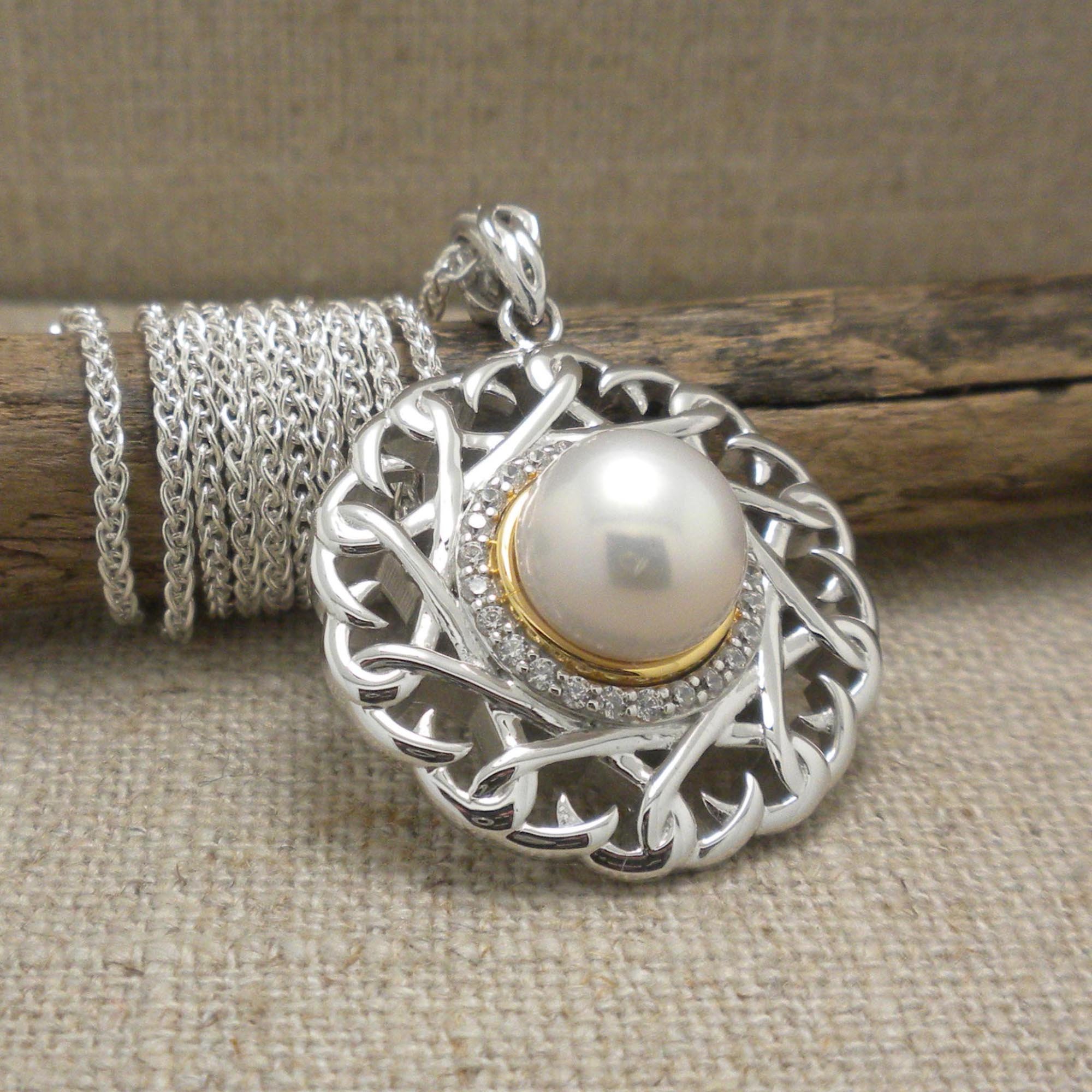 Sterling Silver &amp; 10K Celtic Aphrodite Pendant with Pearl &amp; CZs