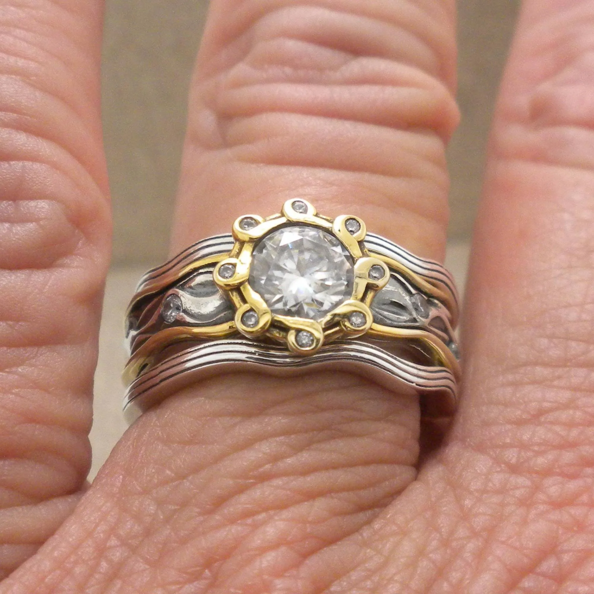 Sterling Silver & 10K Rocks 'N Rivers Ring with White Moissanite and 2 Rails