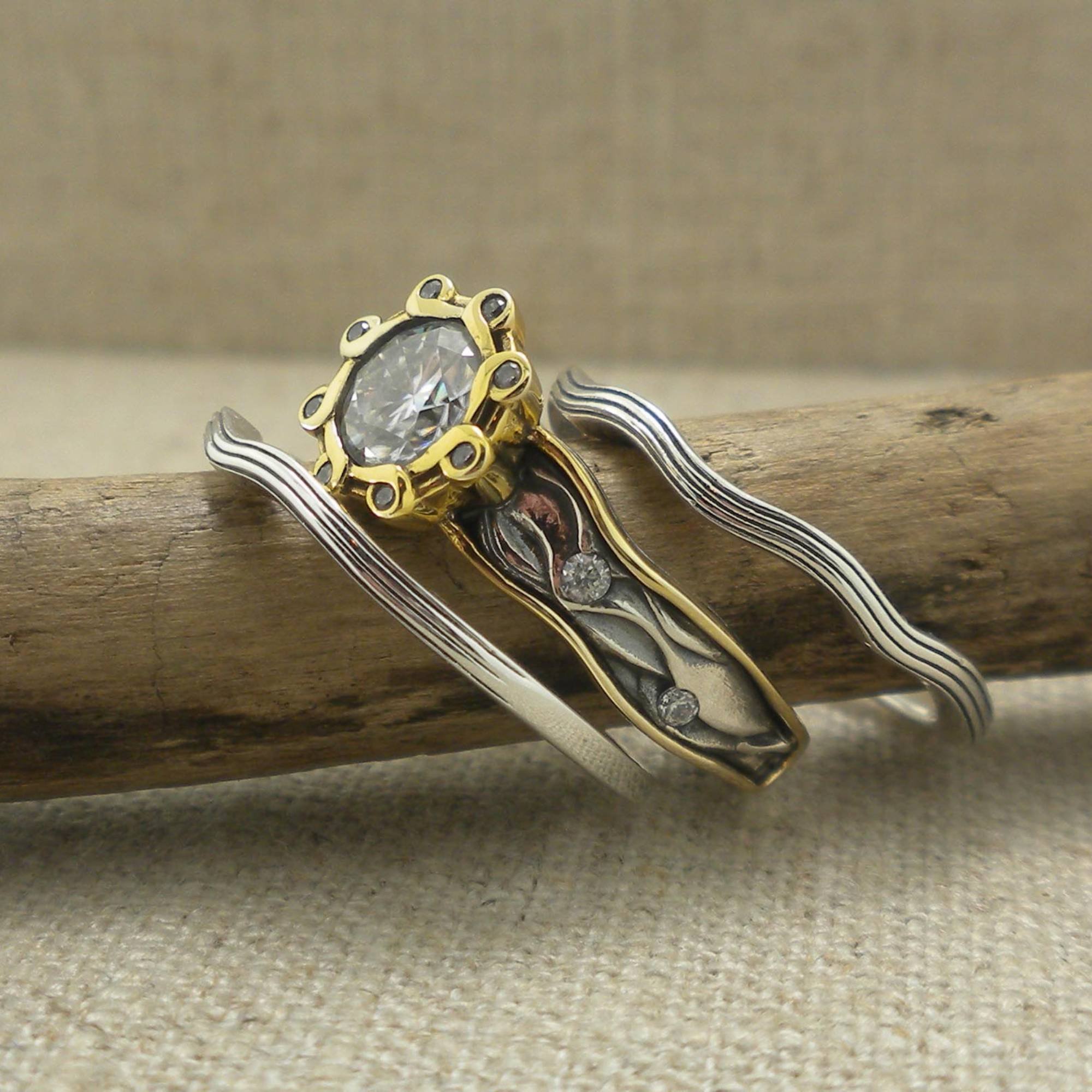 Sterling Silver &amp; 10K Rocks 'N Rivers Ring with White Moissanite and 2 Rails
