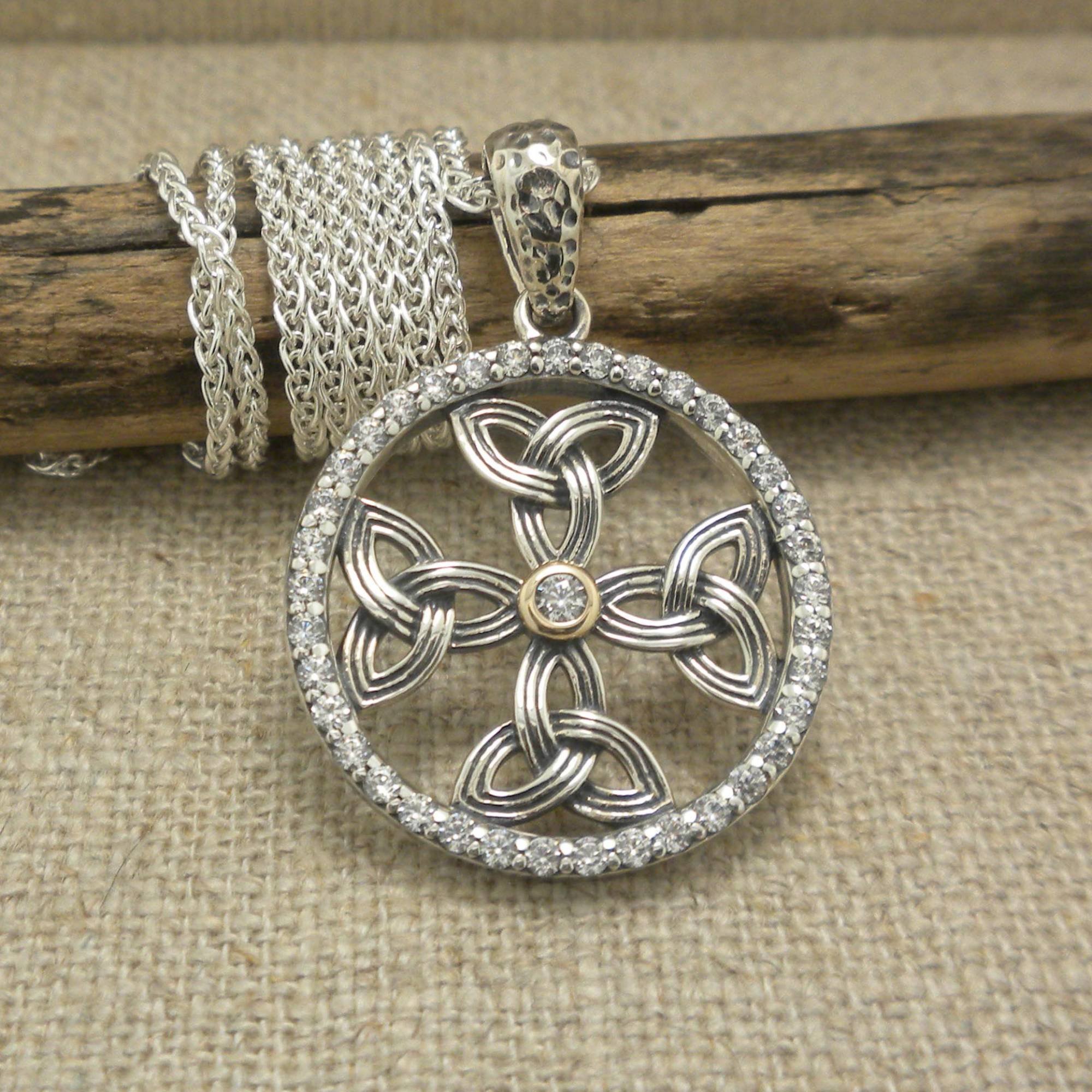 Sterling Silver Celtic Cross Trinity Knot Pendant with 10K Bezel CZ & CZ Accents