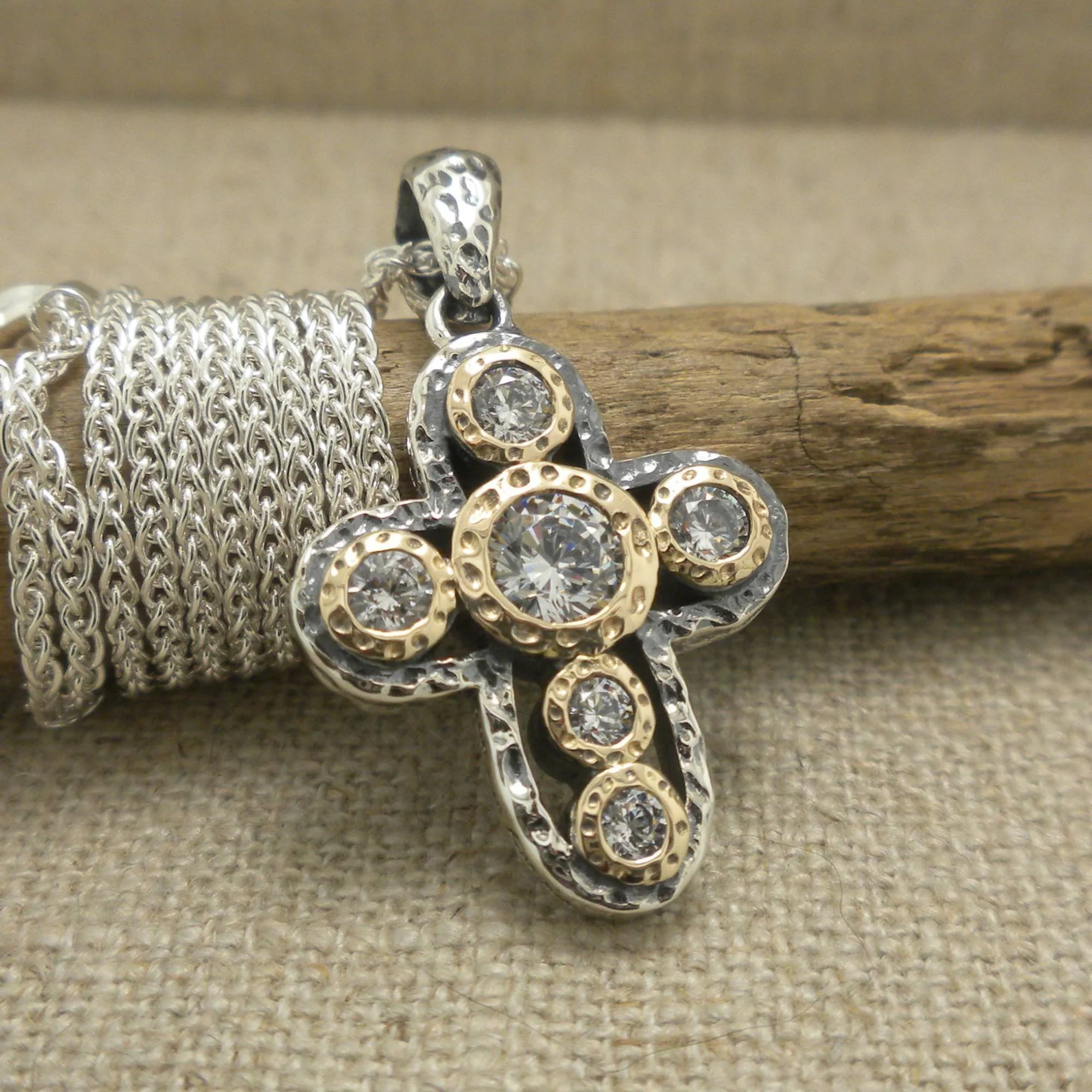 Sterling Silver Celtic Cross with 10K Bezel Set CZs