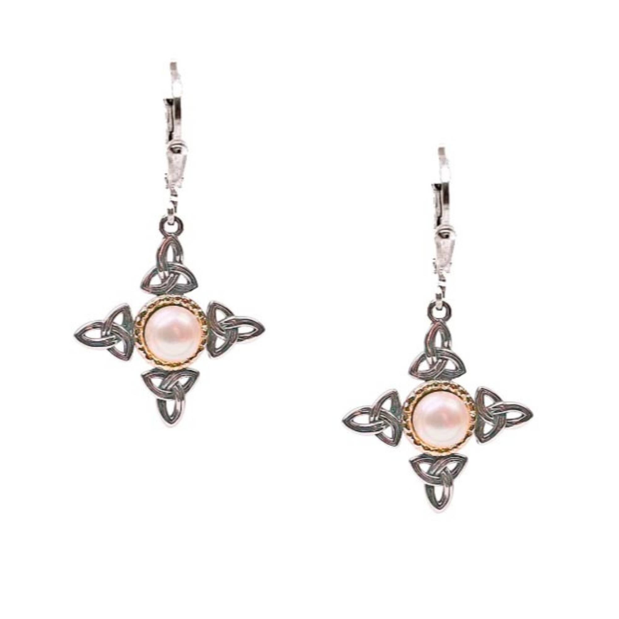Sterling Silver and 10K Fresh Water Pearl Trinity Knot Aphrodite Cross Earrings