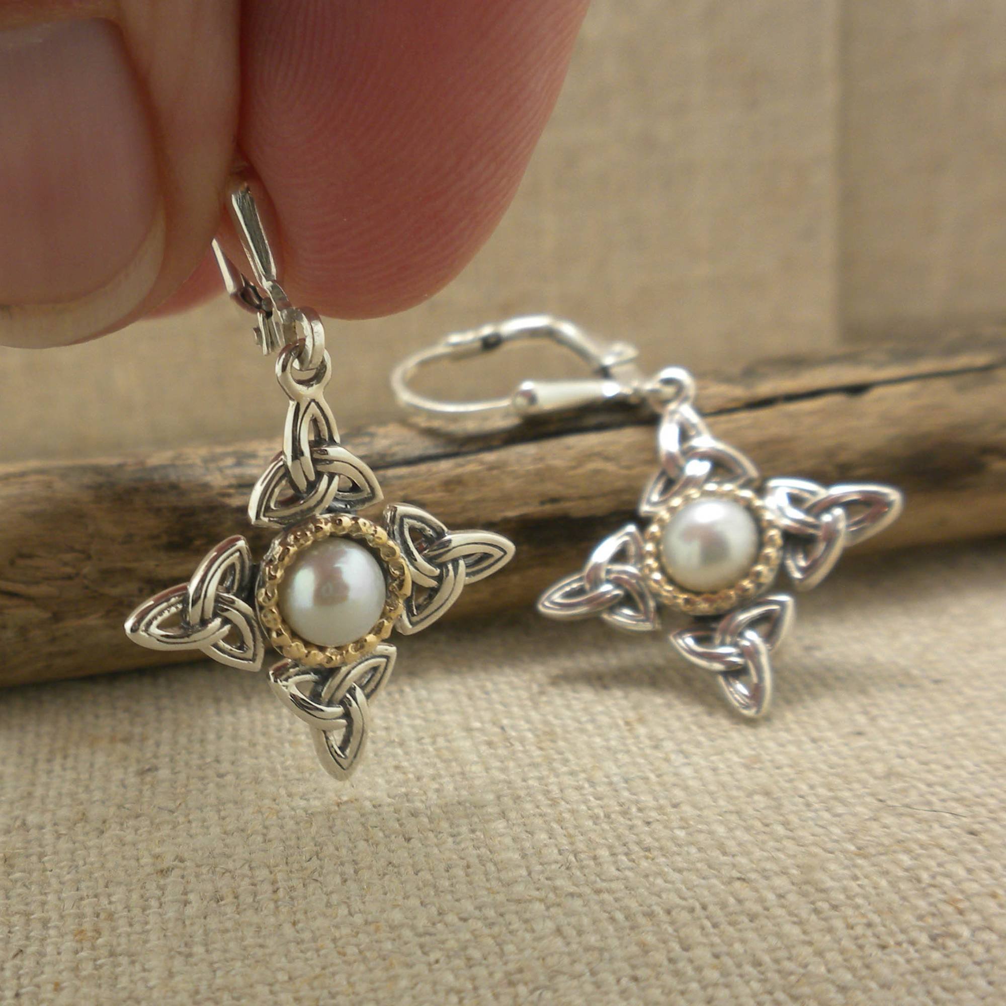 Sterling and 10K Trinity Knot Aphrodite Cross Earrings with Fresh Water Pearl