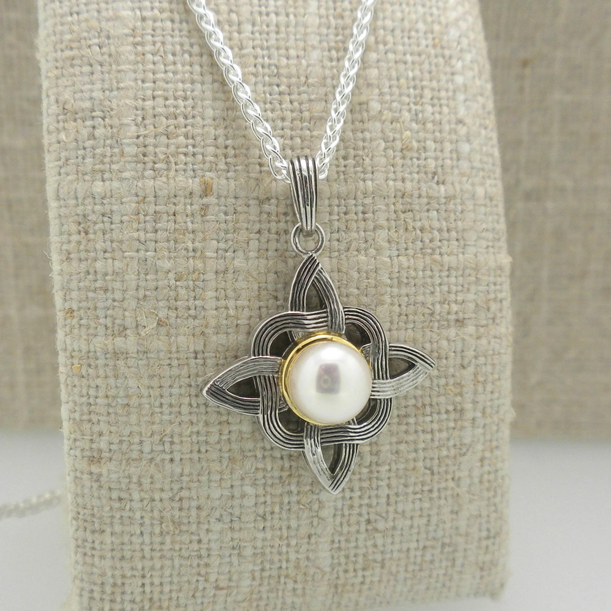 Sterling Silver & 10K Fresh Water Pearl Celestial Cross Pendant