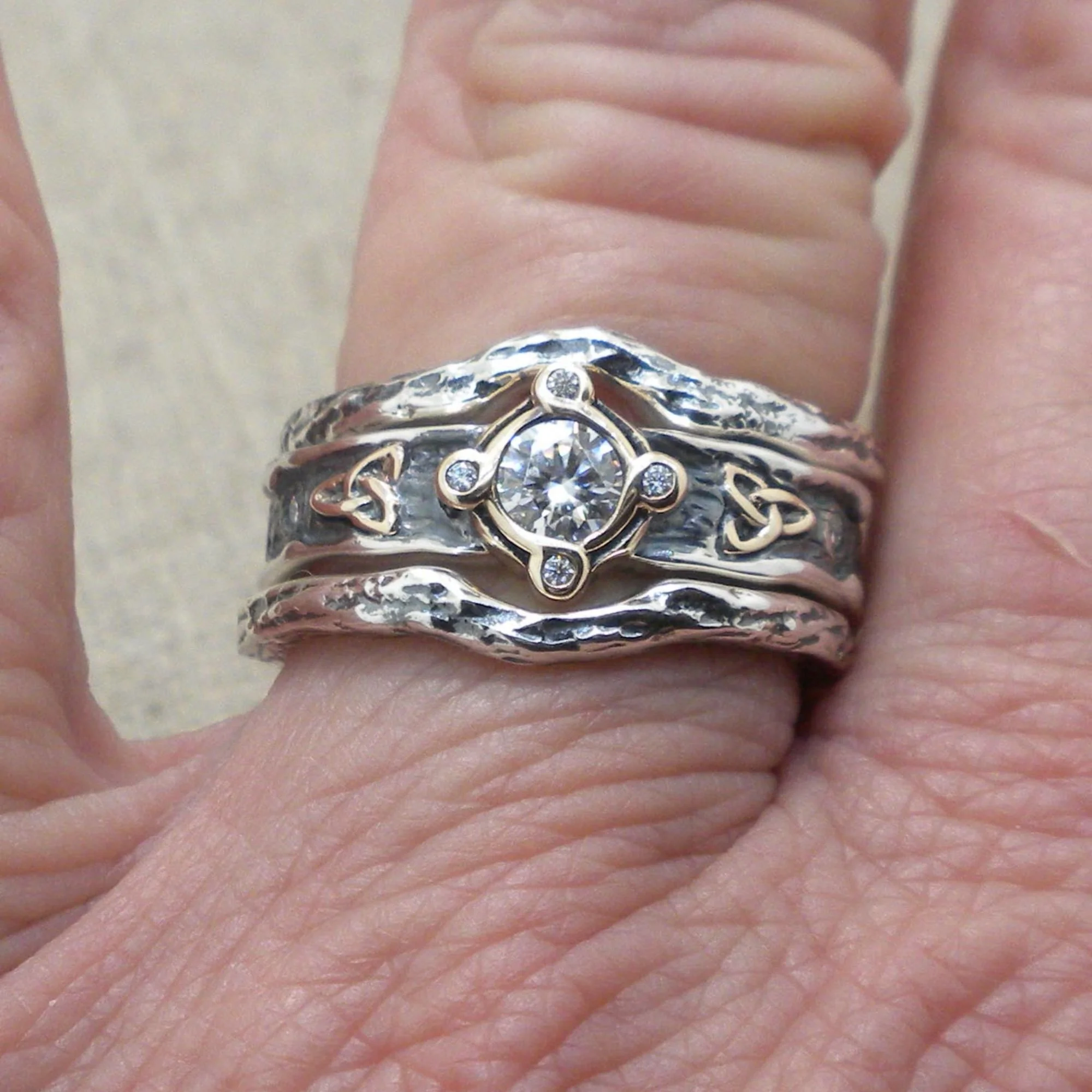 Sterling Silver & 10K Trinity Knot Rocks 'N Rivers Ring with Moissanite and Rails