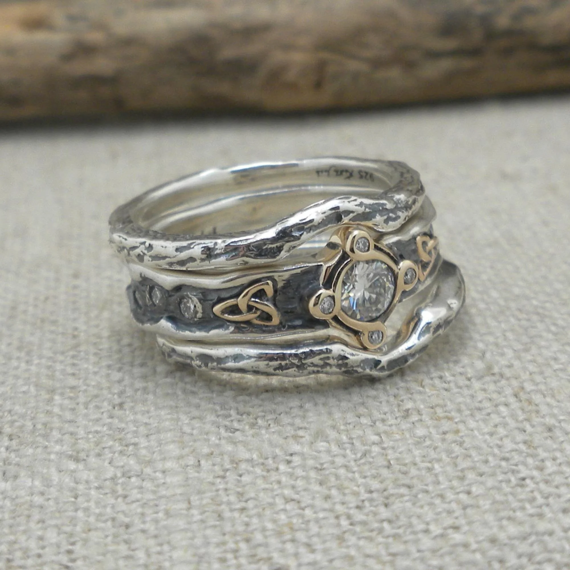 Sterling Silver &amp; 10K Trinity Knot Rocks 'N Rivers Ring with Moissanite and Rails