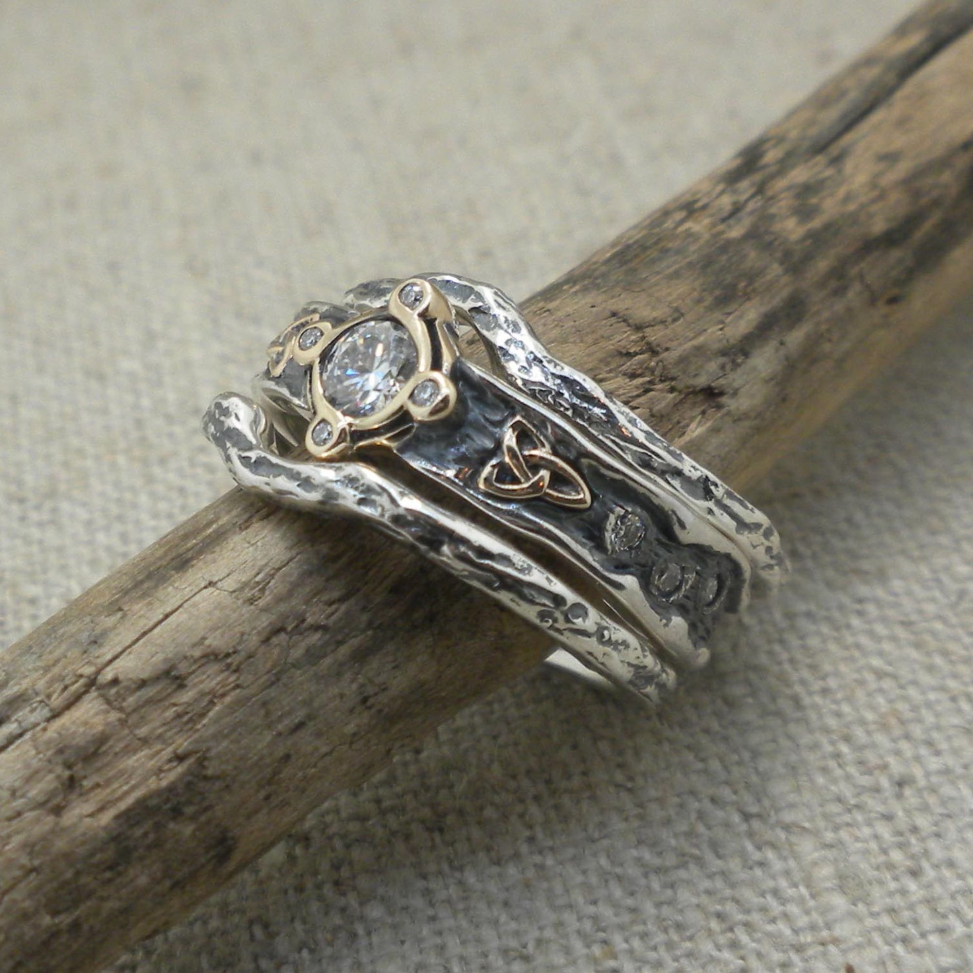 Sterling Silver &amp; 10K Trinity Knot Rocks 'N Rivers Ring with Moissanite and Rails