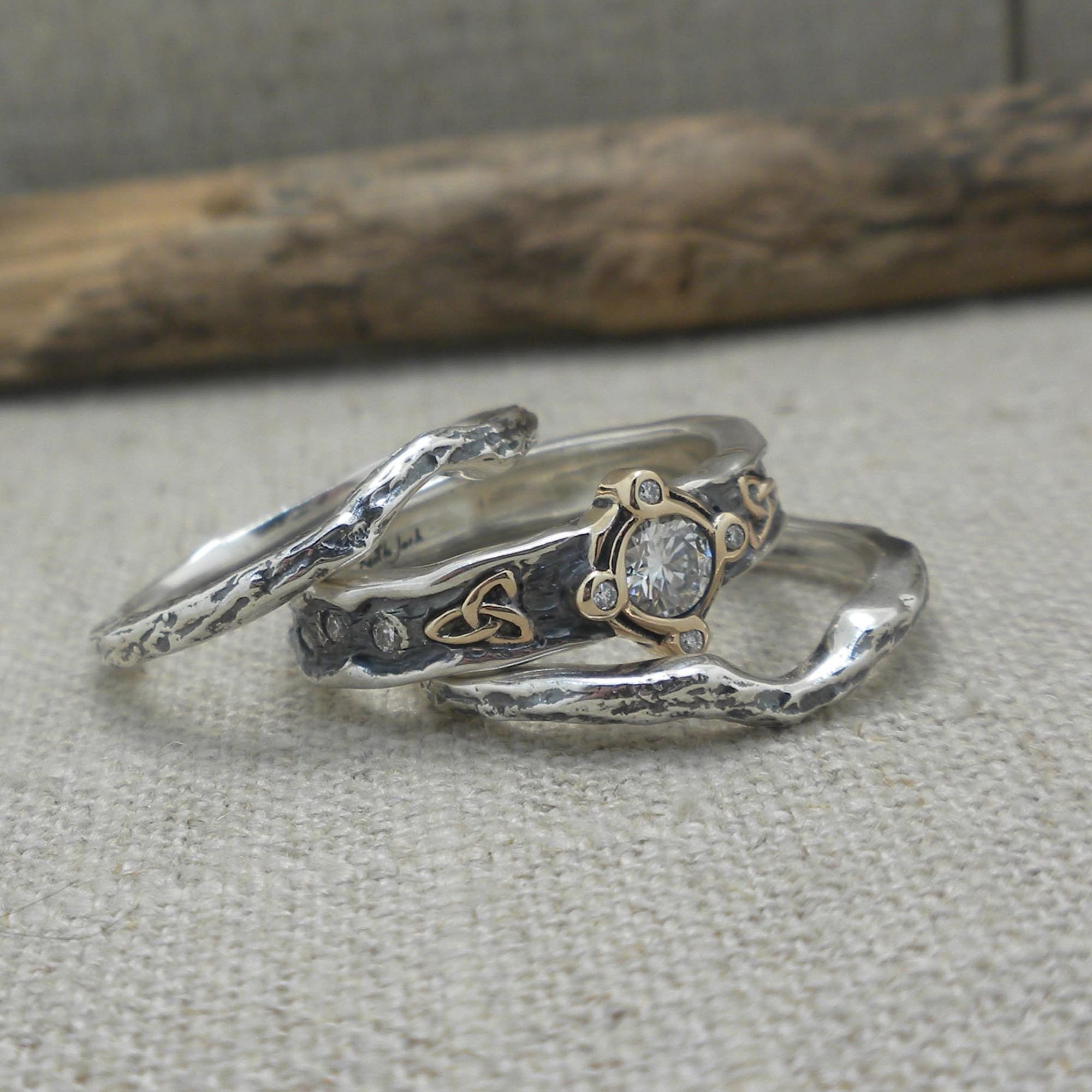 Sterling Silver &amp; 10K Trinity Knot Rocks 'N Rivers Ring with Moissanite and Rails