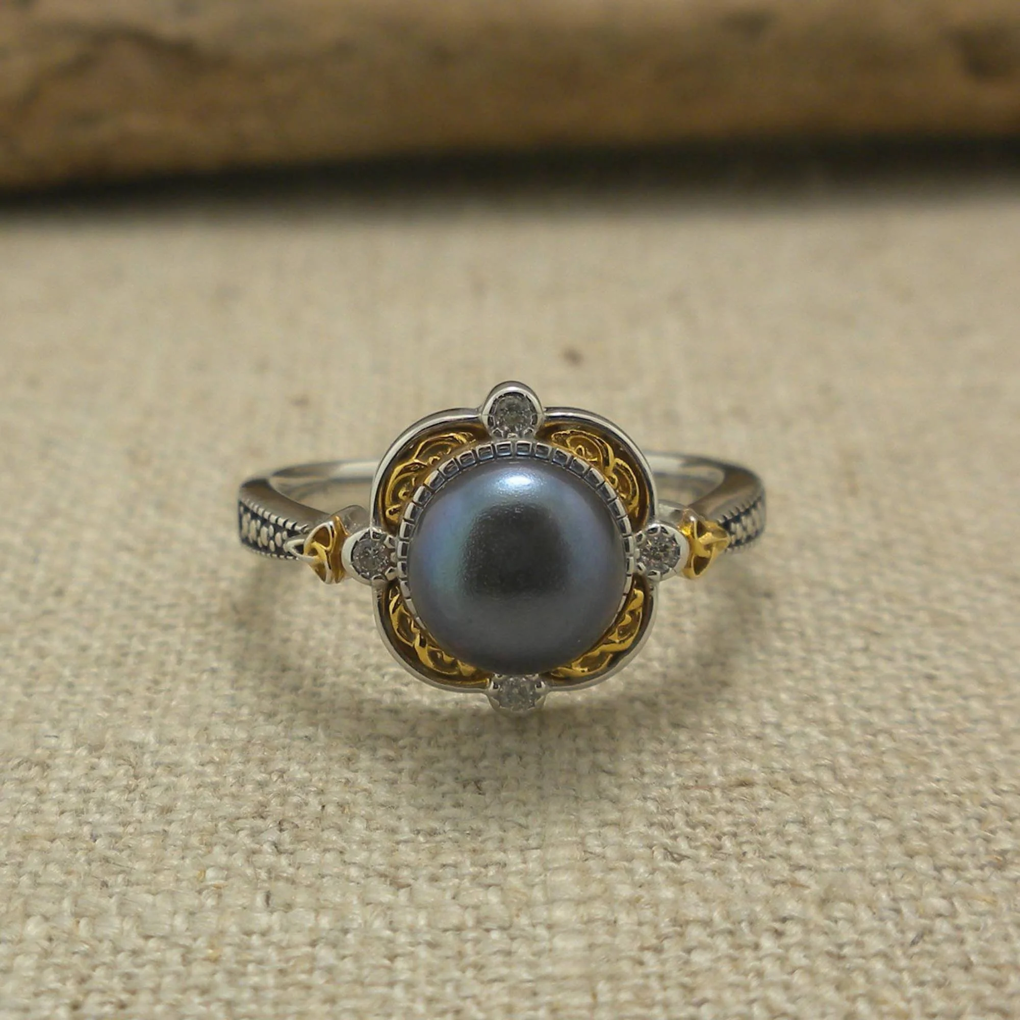 Sterling Silver & 10K Aphrodite Ring with Trinity Knots & Peacock Pearl
