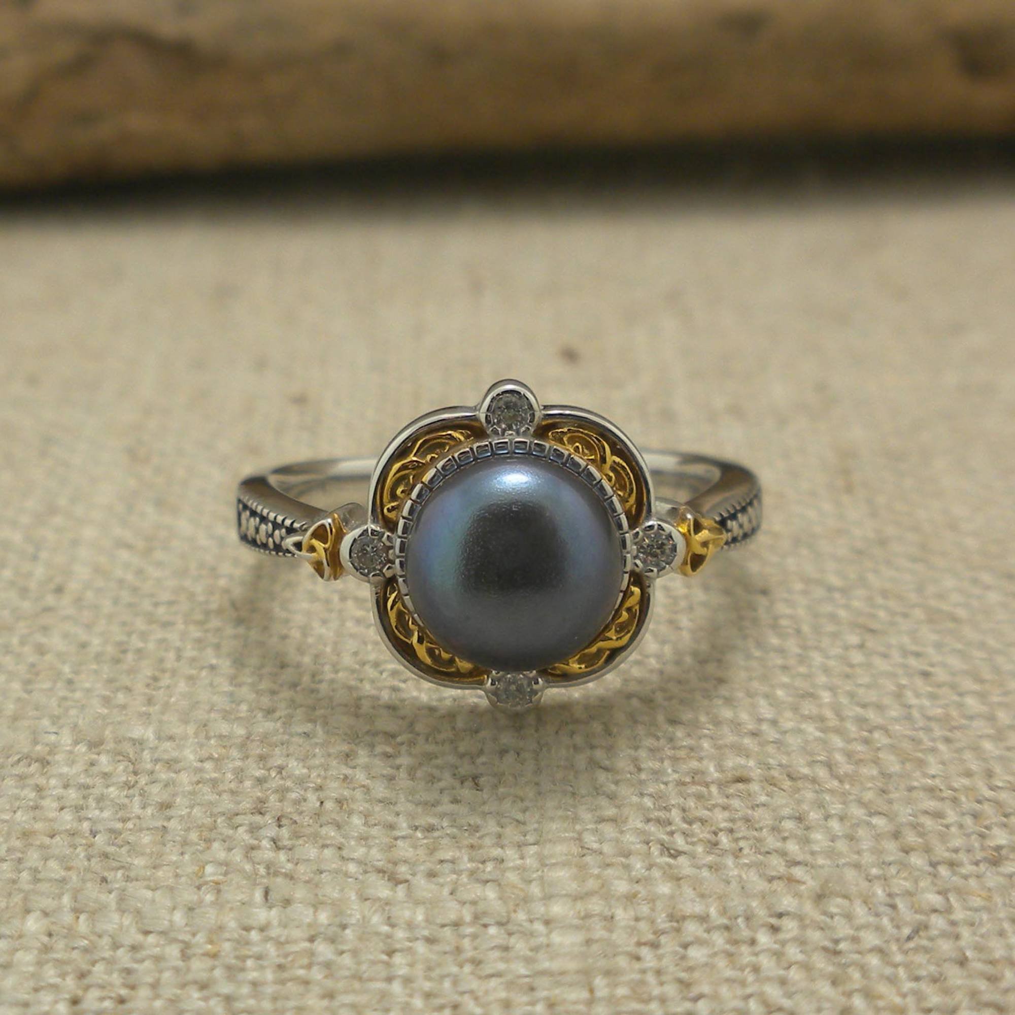 Sterling Silver &amp; 10K Aphrodite Ring with Trinity Knots &amp; Peacock Pearl