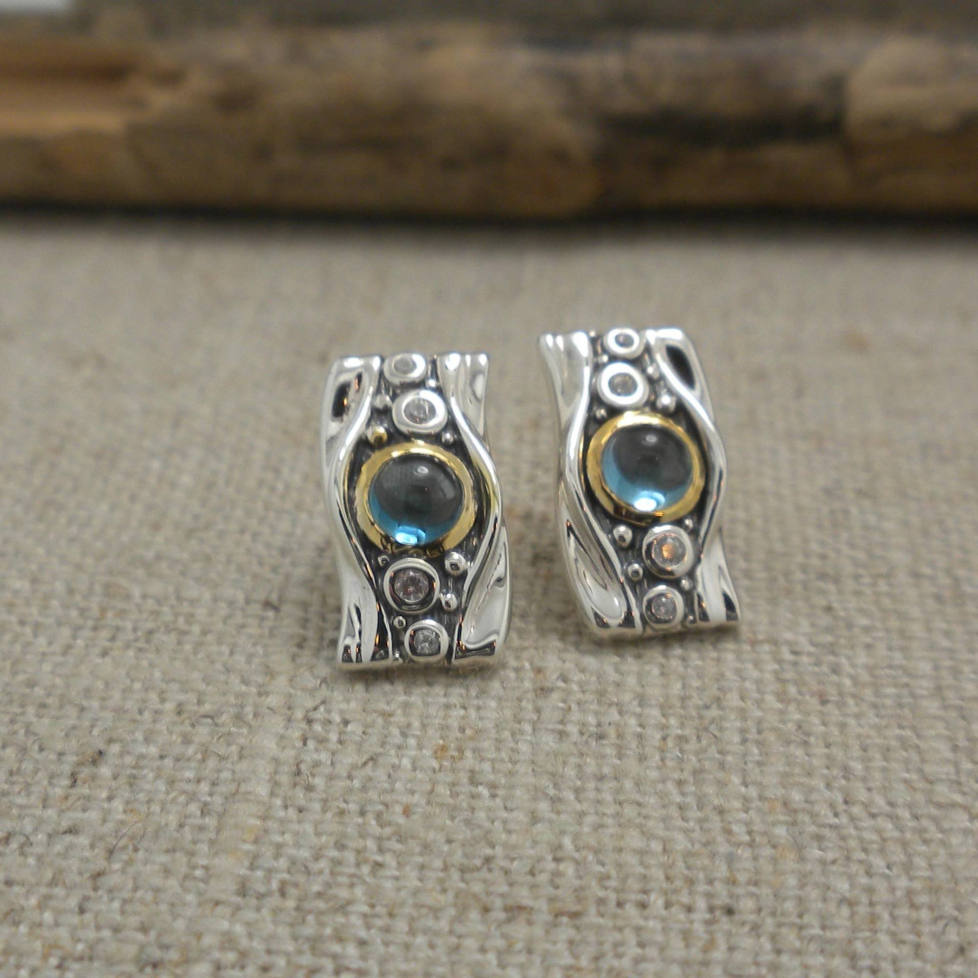Sterling Silver and 10K London Blue Topaz Rocks N' Rivers Stud Earrings