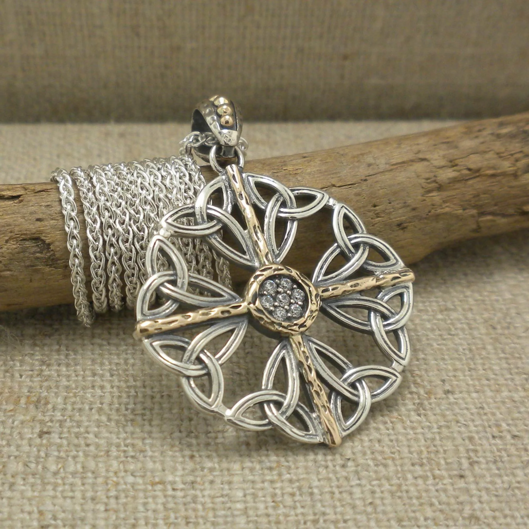 Sterling Silver & 10K CZ Celestial Trinity Knot Pendant