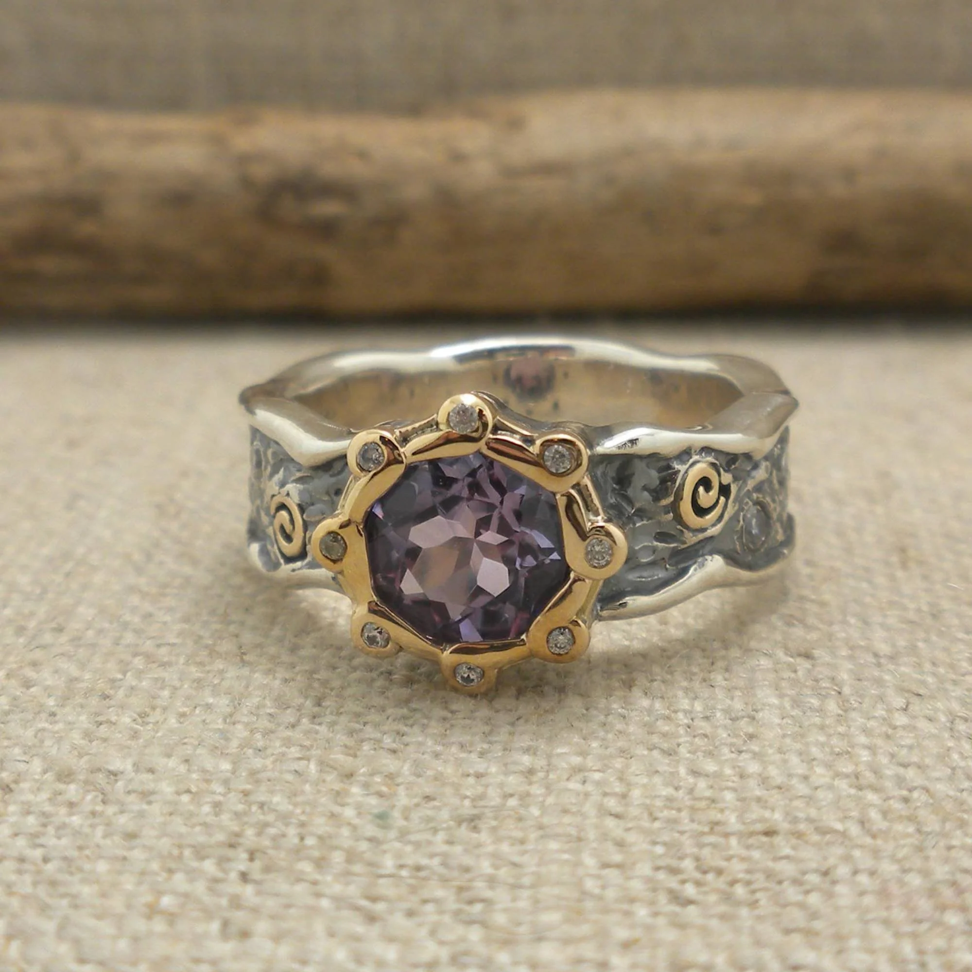 Sterling Silver & 10K Amethyst & CZ Rocks 'N Rivers Ring with Spirals
