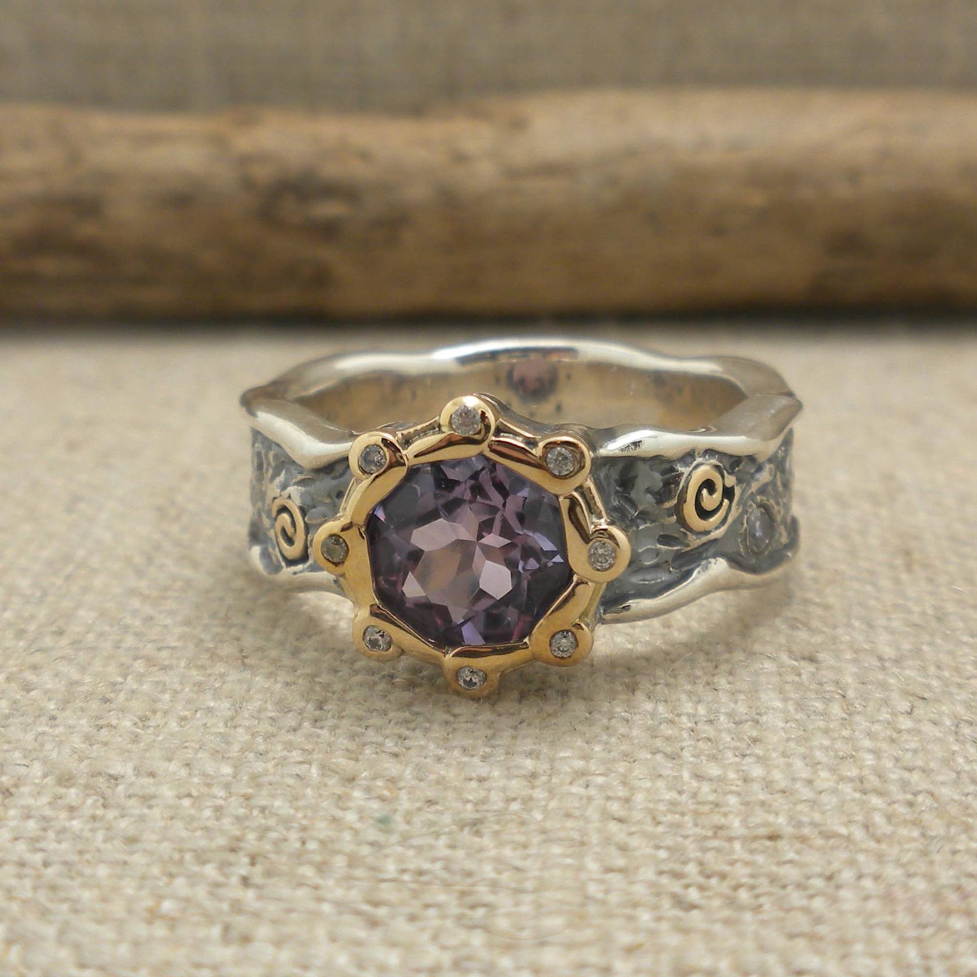 Sterling Silver &amp; 10K Amethyst &amp; CZ Rocks 'N Rivers Ring with Spirals