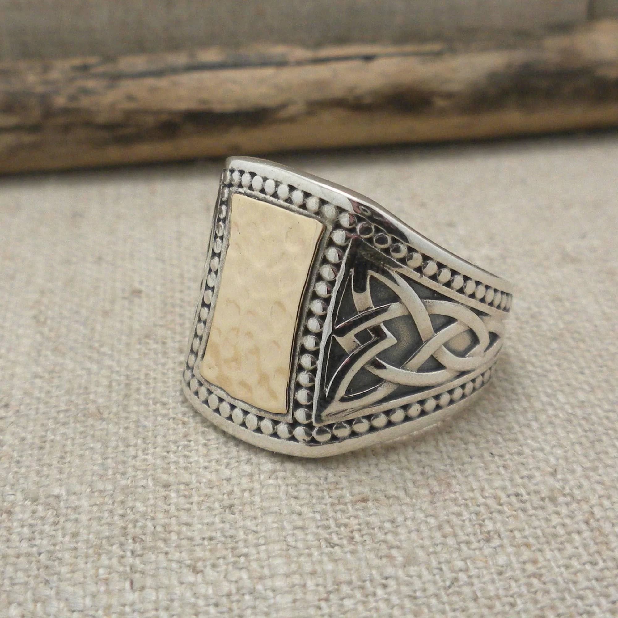 Sterling & 10K Large Celtic Knot Signet Ring with Hammered Center