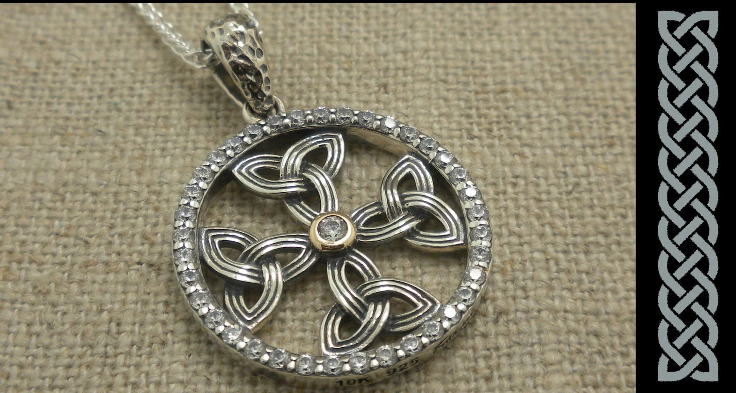 Sterling Silver Celtic Cross Trinity Knot Pendant with 10K Bezel CZ &amp; CZ Accents