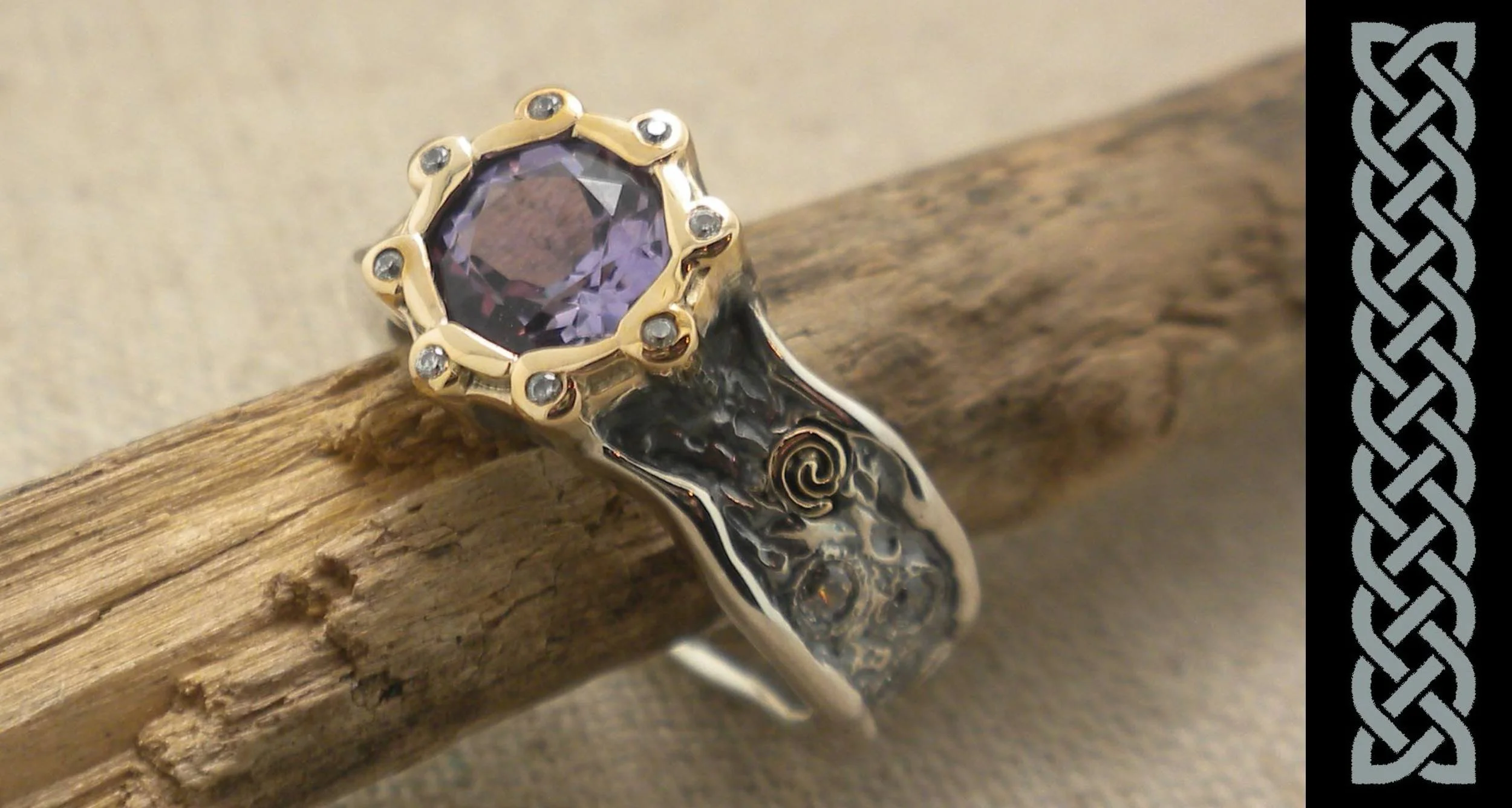 Sterling Silver &amp; 10K Amethyst &amp; CZ Rocks 'N Rivers Ring with Spirals