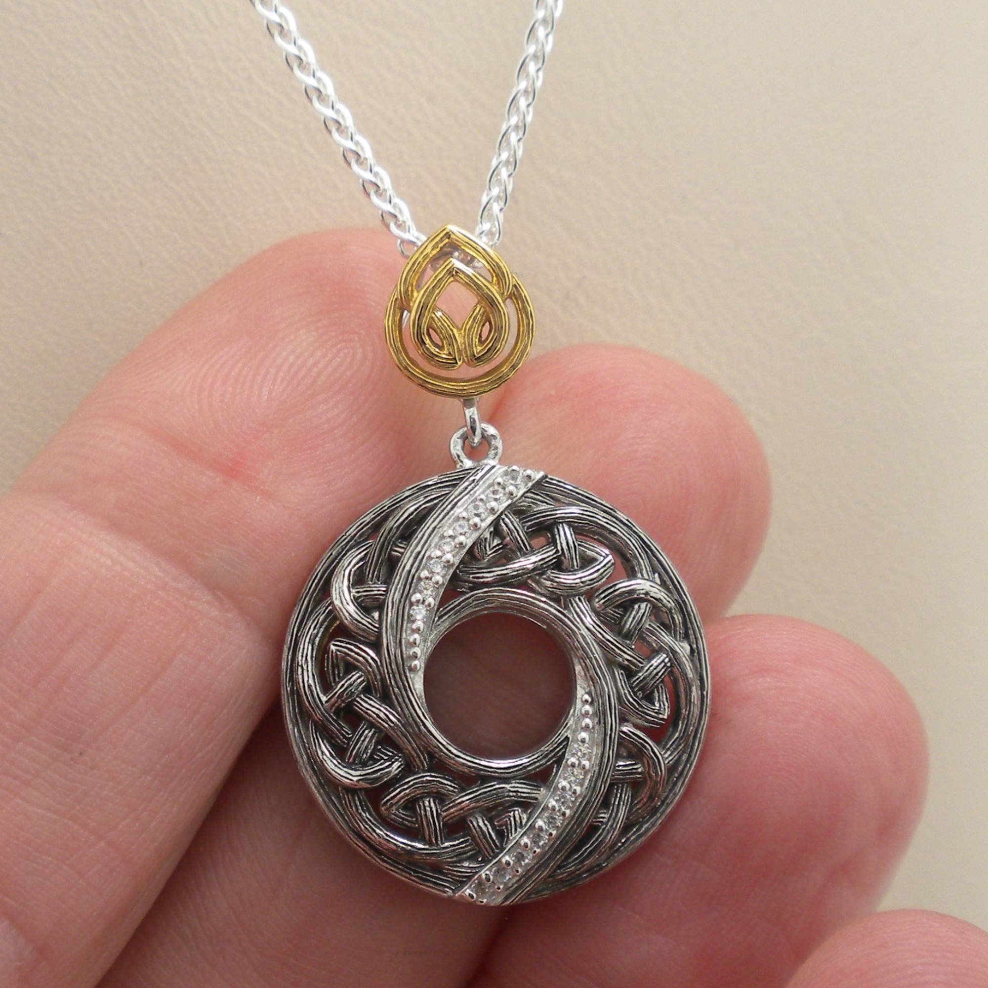 Sterling Silver and 10K Celtic Knot Whirlpool Pendant with CZs