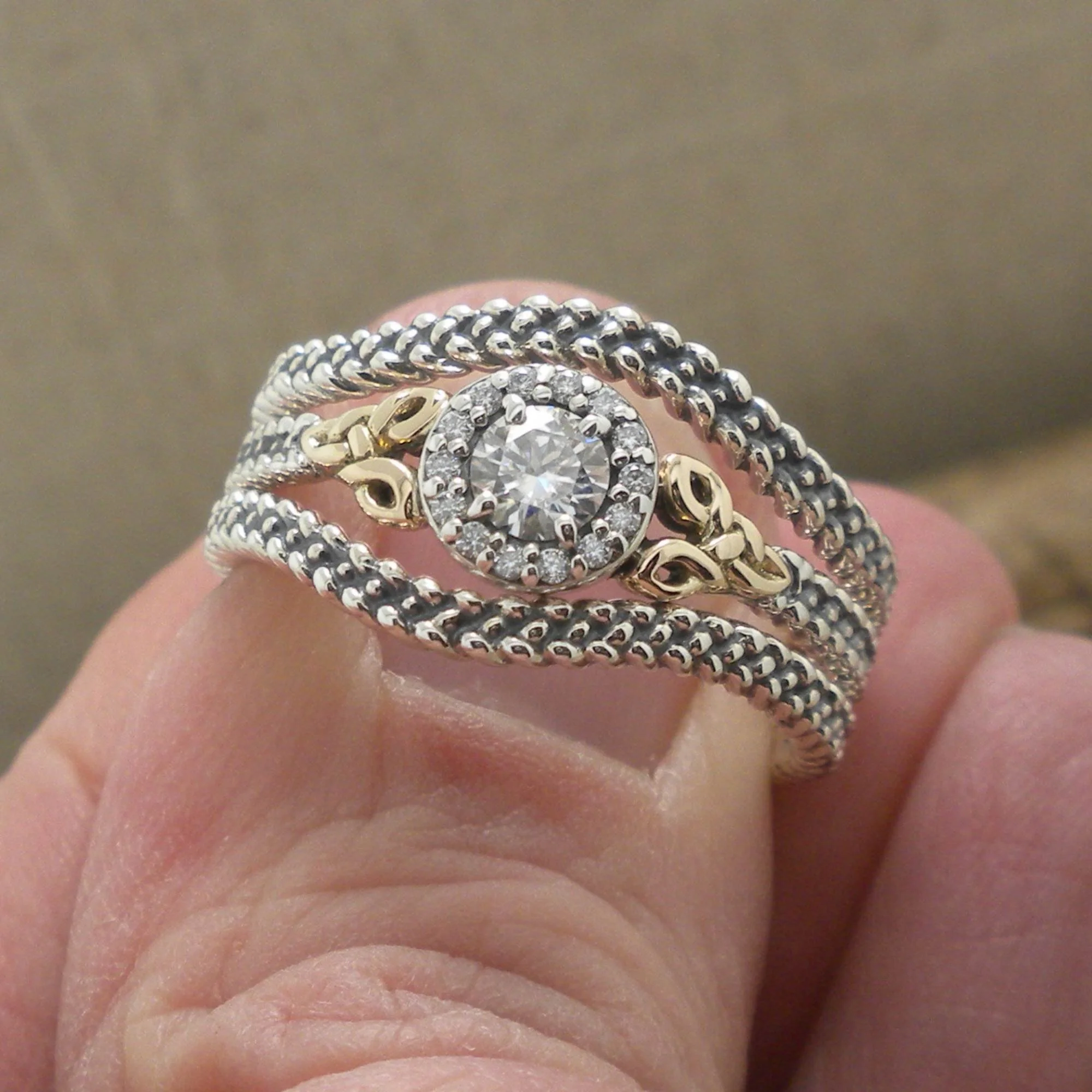 Sterling Silver & 10K Trinity Knot Ring with White Moissanites and 2 Rails