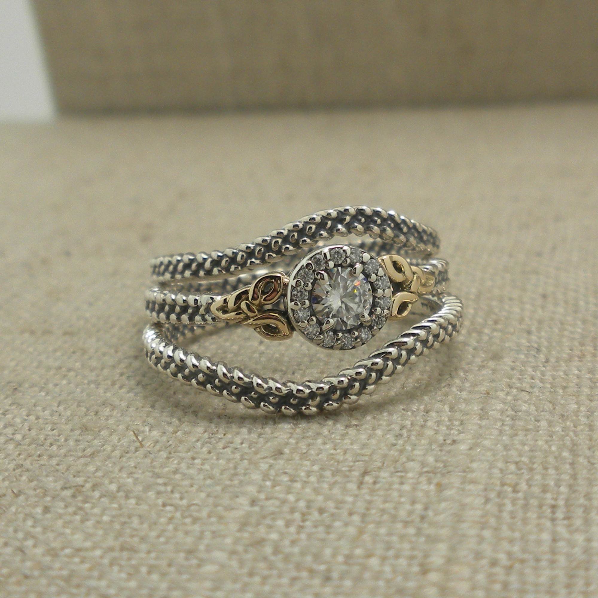 Sterling Silver &amp; 10K Trinity Knot Ring with White Moissanites and 2 Rails