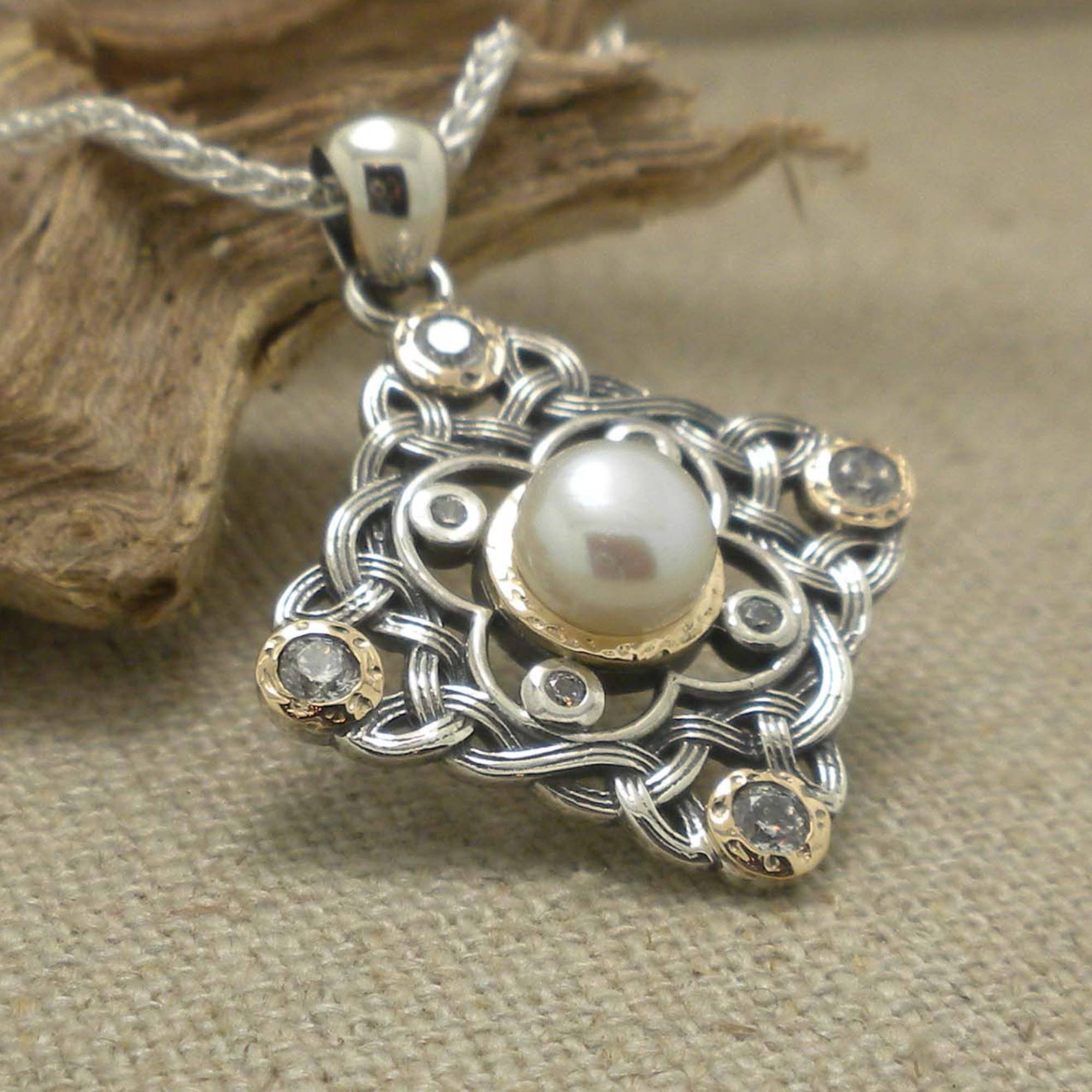 Sterling Silver &amp; 10K Fresh Water Pearl Celtic Trinity Knot Pendant
