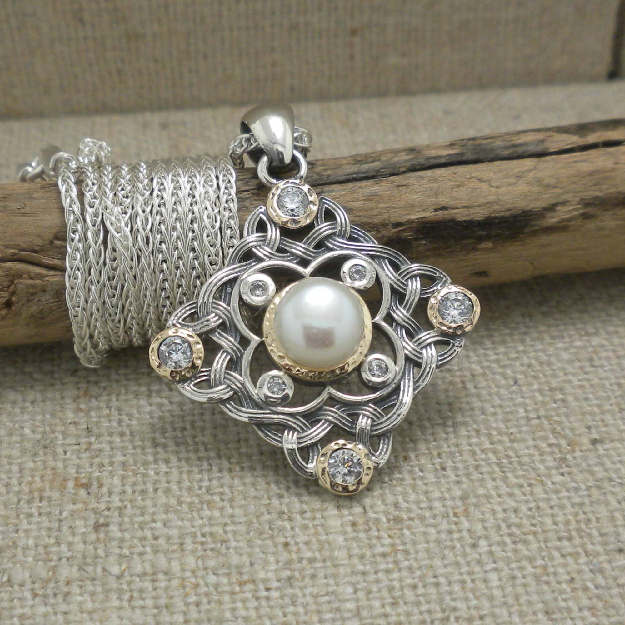 Sterling Silver &amp; 10K Fresh Water Pearl Celtic Trinity Knot Pendant