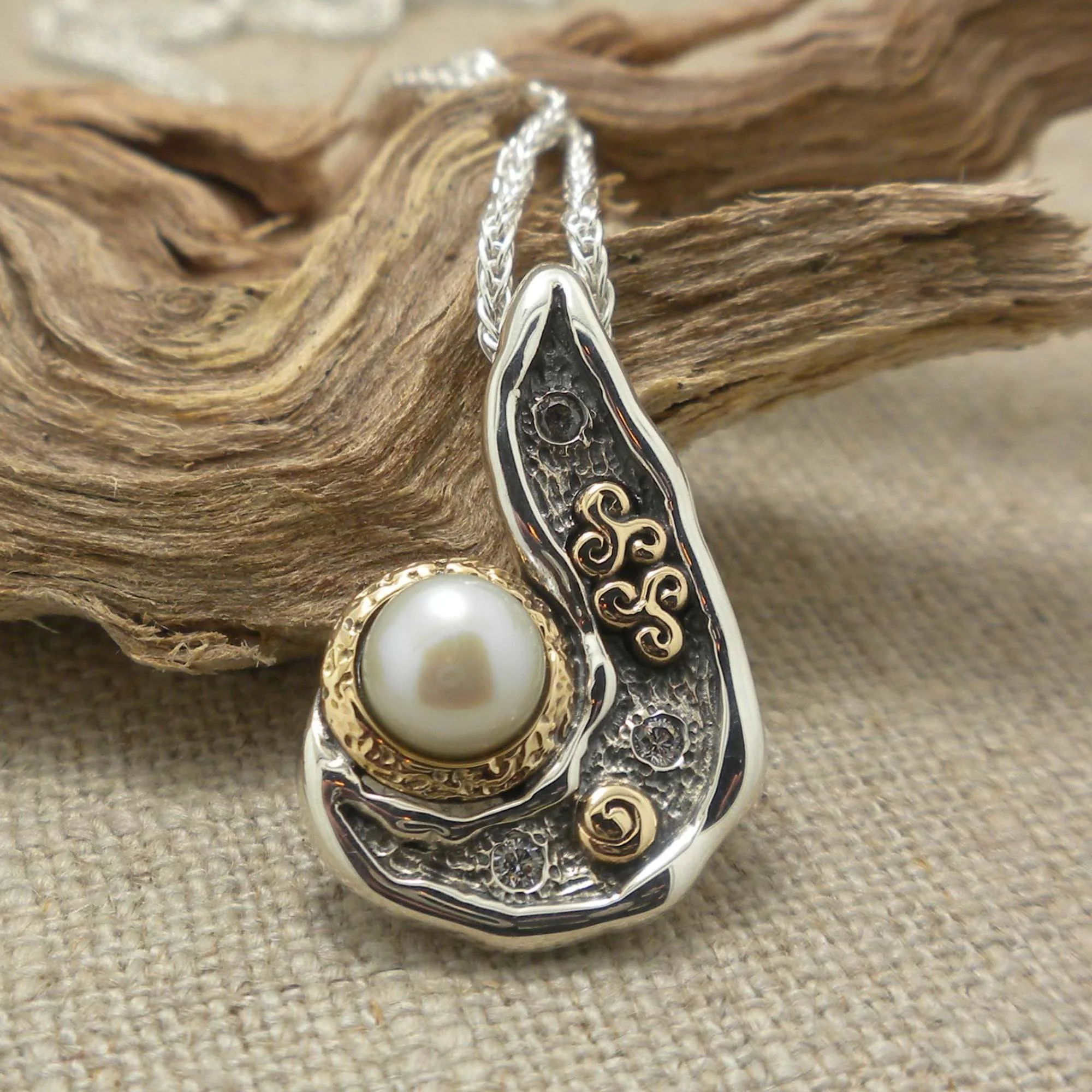 Sterling Silver & 10K Celtic Pendant with Freshwater Pearl, Trinity Knots & Spirals