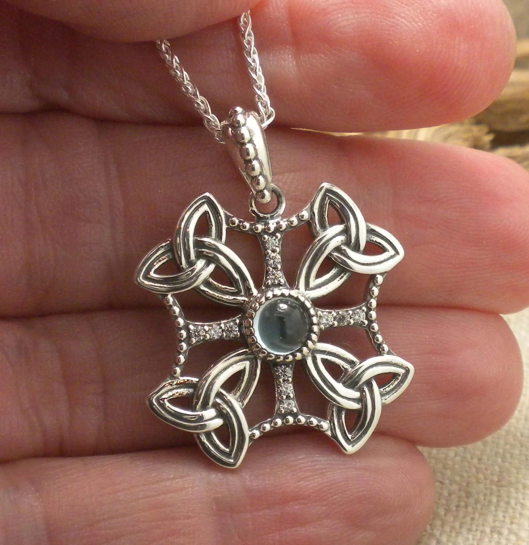 Sterling Silver Celtic Trinity Knot Pendant with Sky Blue Topaz 