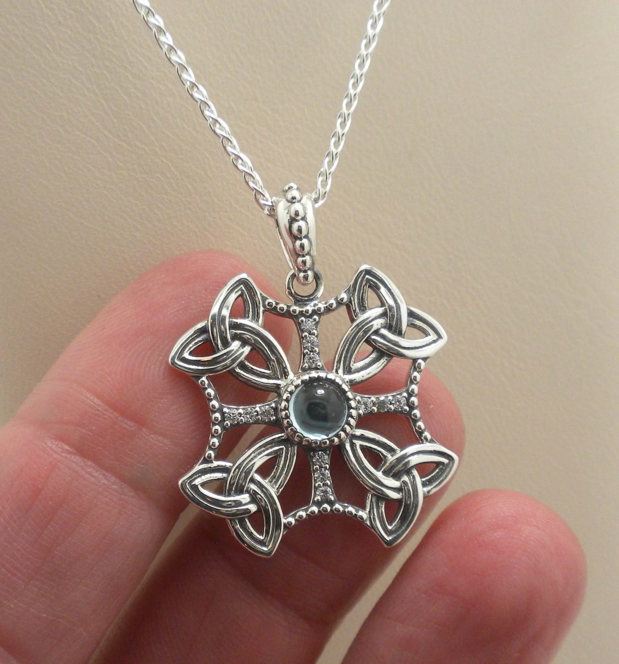 Sterling Silver Celtic Trinity Knot Pendant with Sky Blue Topaz 