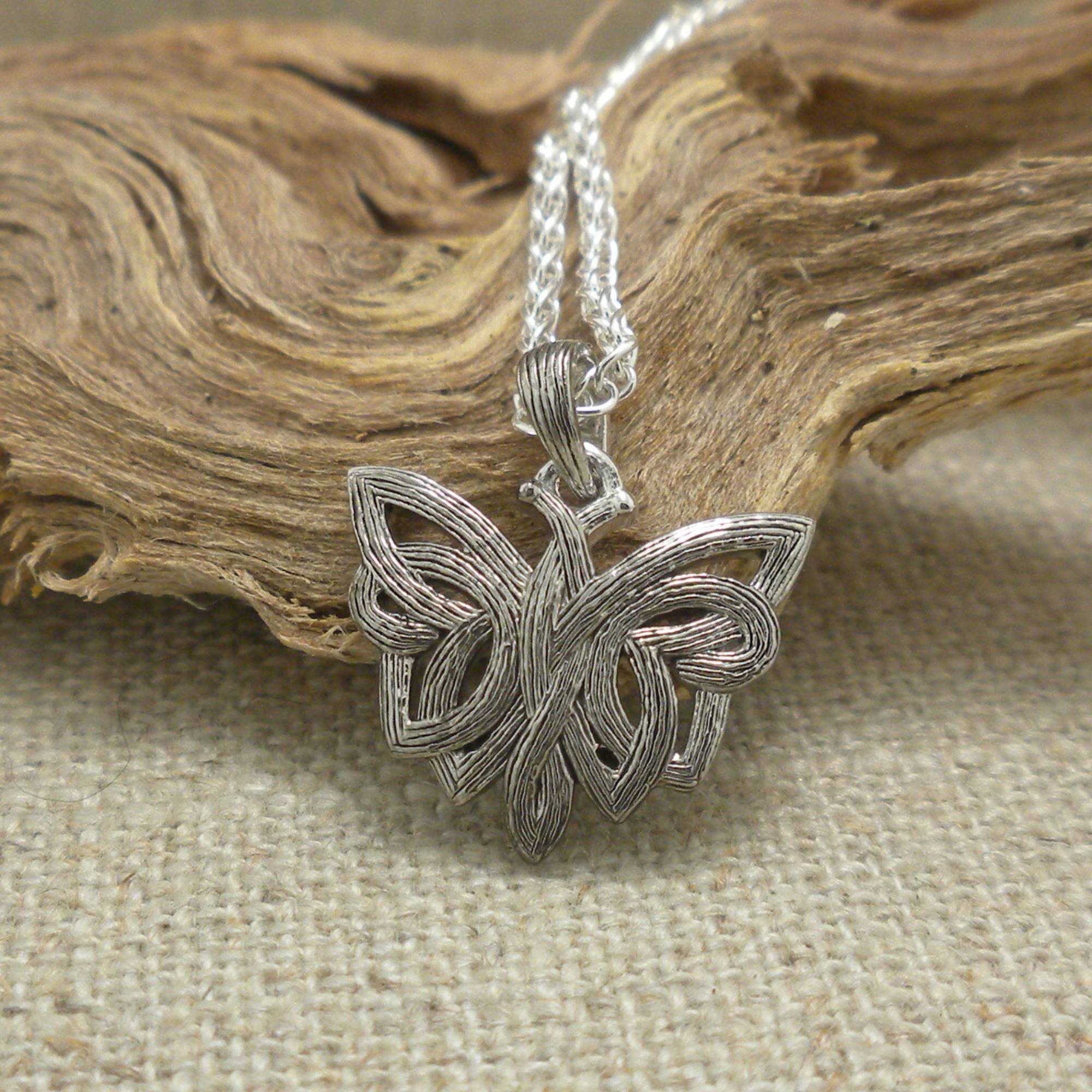 Sterling Silver Celtic Butterfly Pendant with Grooved Finish