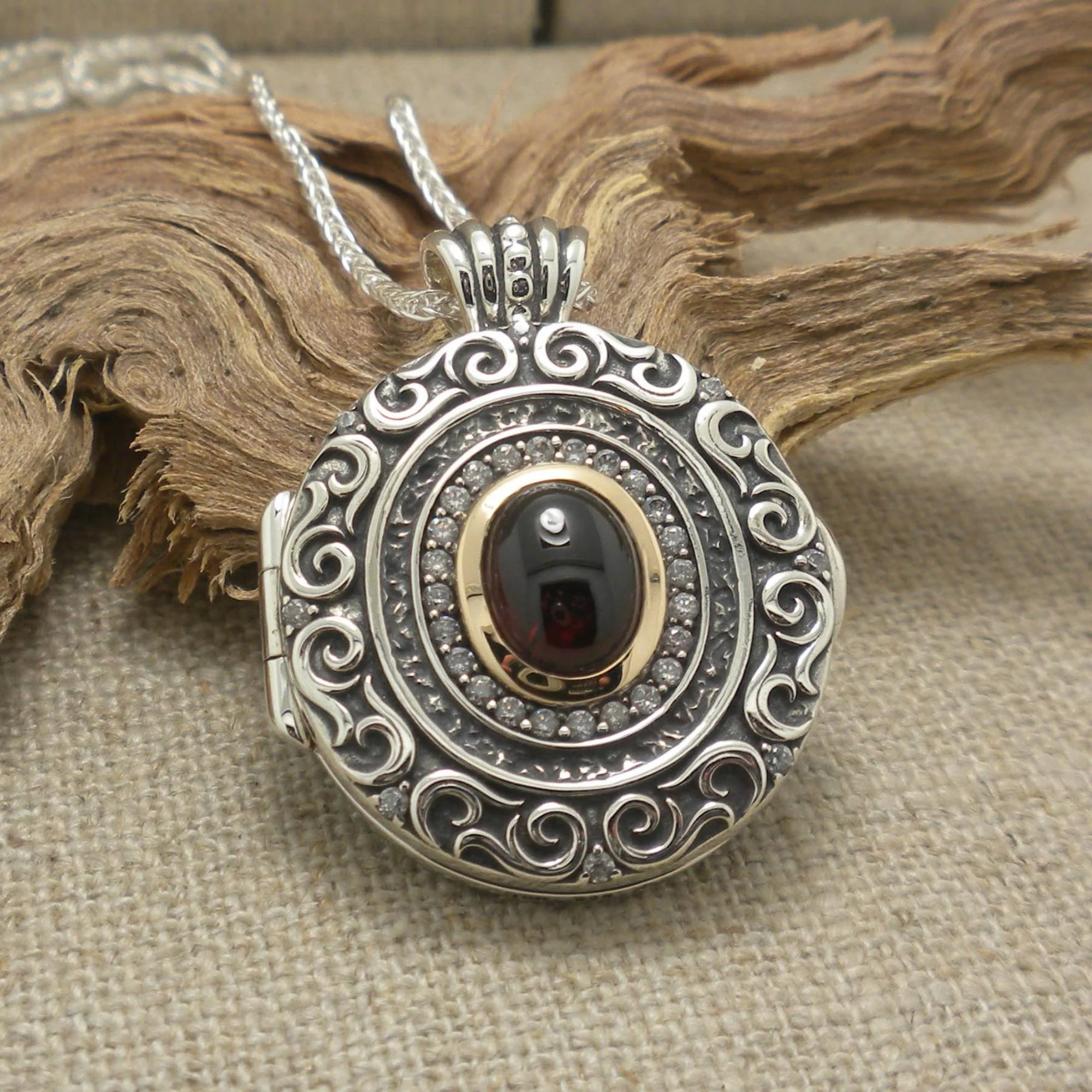 Large Filigree Locket with Garnet & Celtic Knot On Second Side