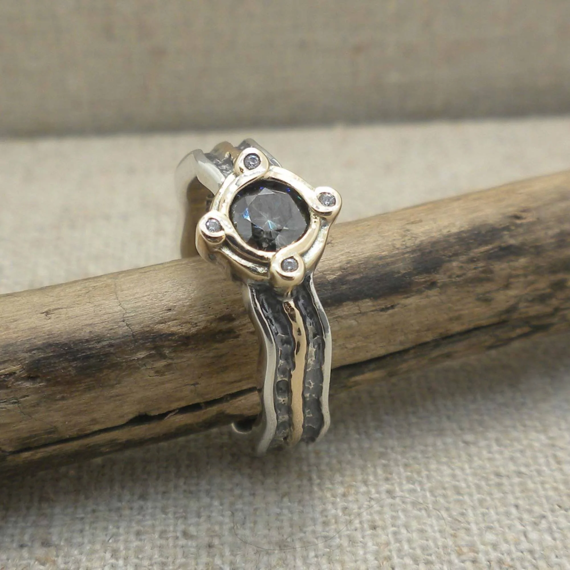 Sterling Silver &amp; 10K Rocks 'N Rivers Ring with Mystic Blue Moissanite