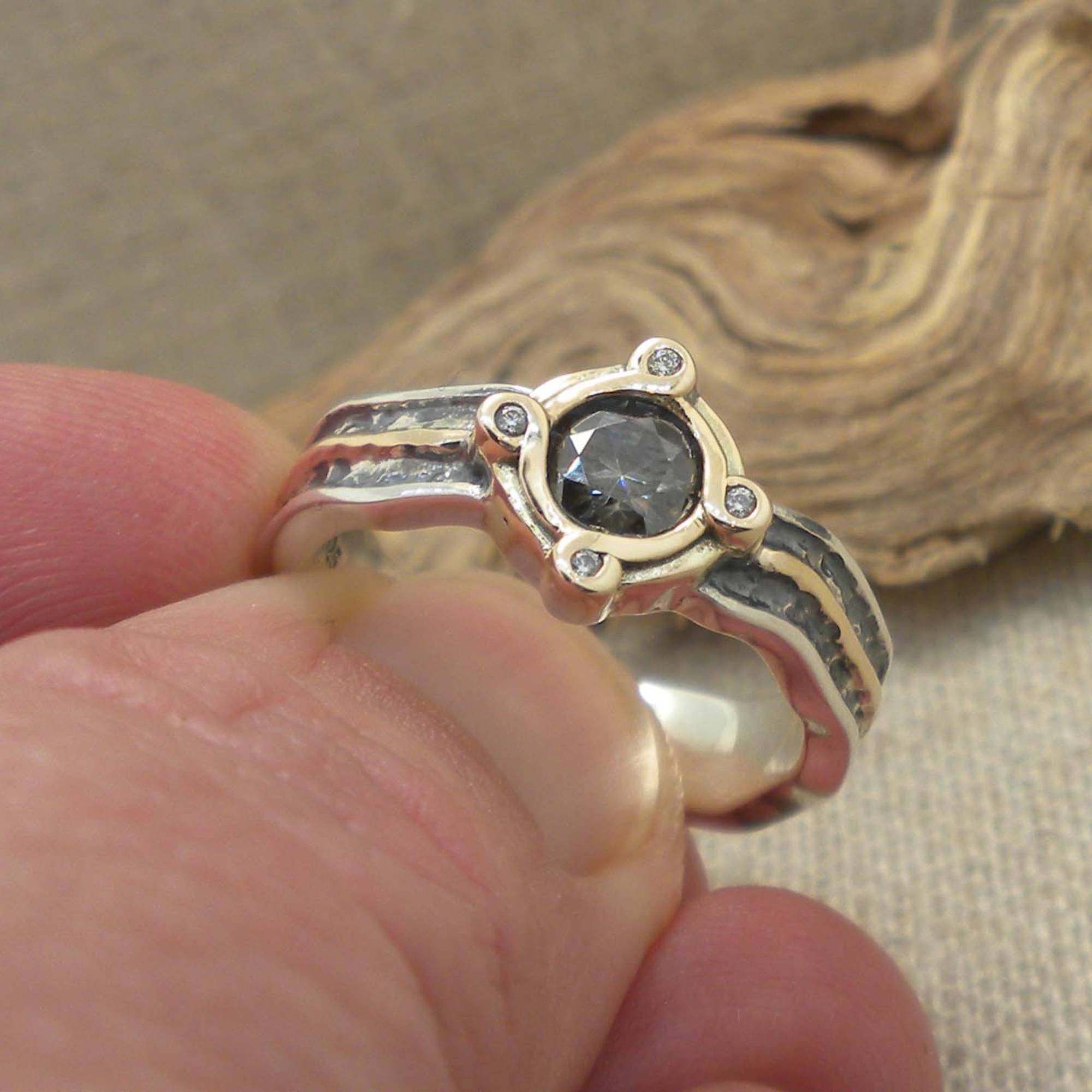 Sterling Silver &amp; 10K Rocks 'N Rivers Ring with Mystic Blue Moissanite