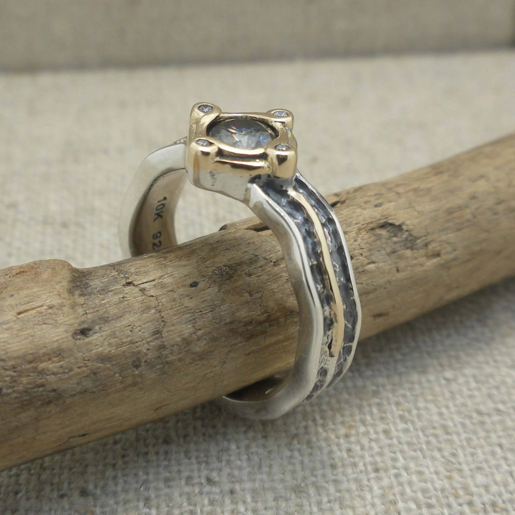 Sterling Silver &amp; 10K Rocks 'N Rivers Ring with Mystic Blue Moissanite