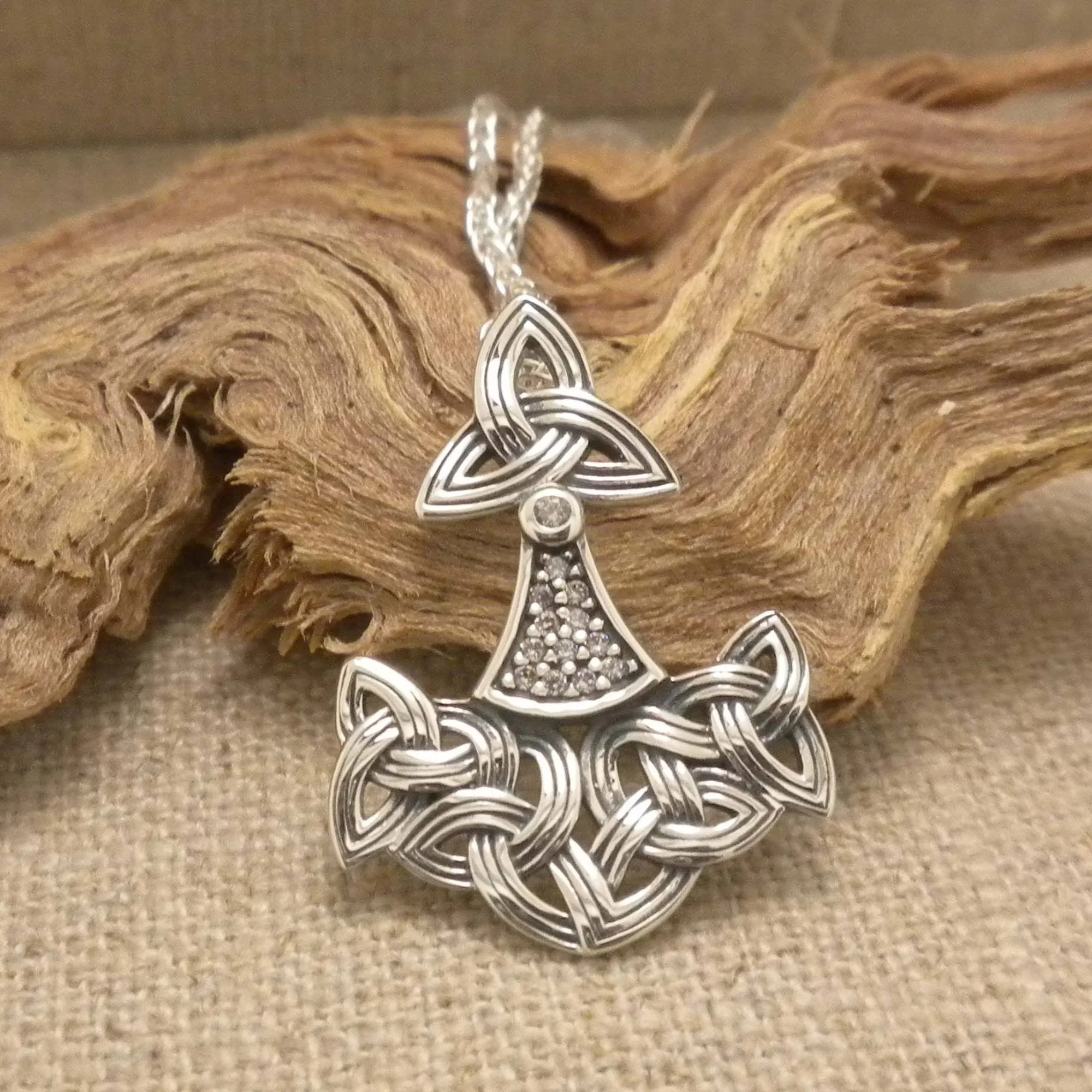 Sterling Silver Thor's Hammer with Trinity Knots & CZs