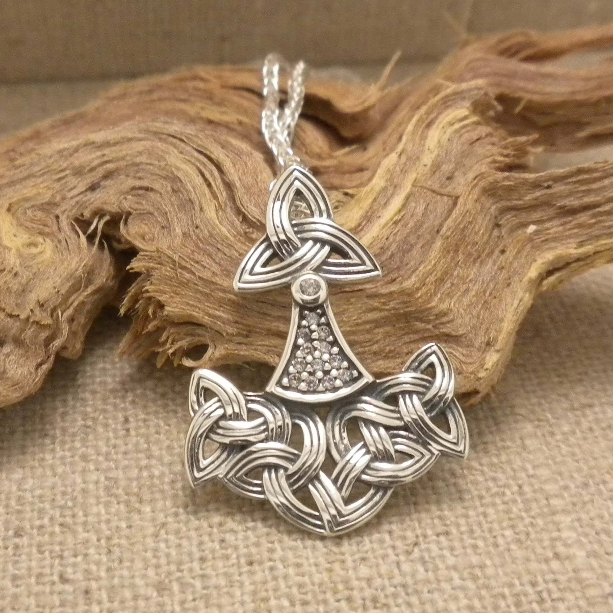 Sterling Silver Thor's Hammer with Trinity Knots & CZs