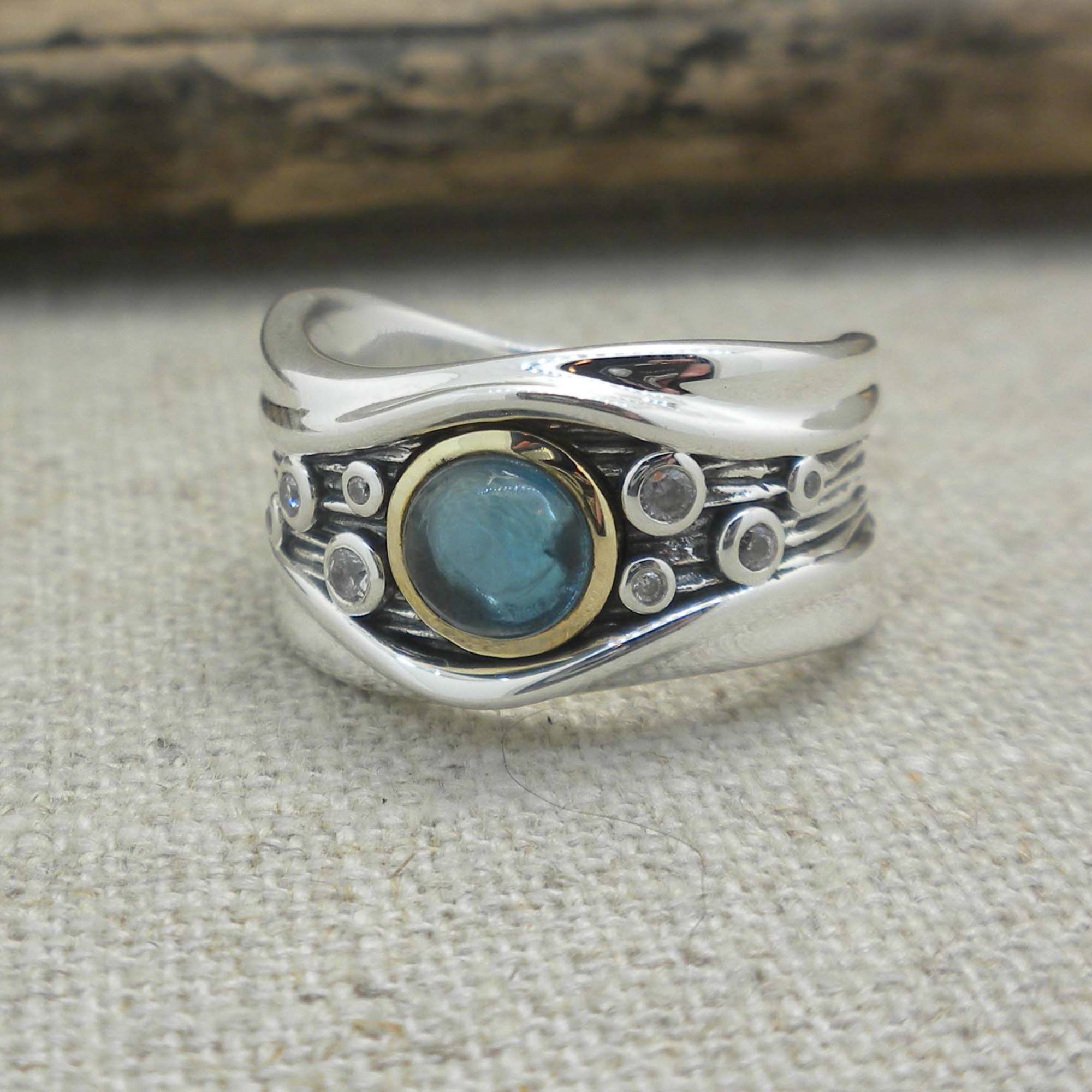 Sterling Silver & 10K London Blue Topaz & CZ Rocks 'N Rivers Ring