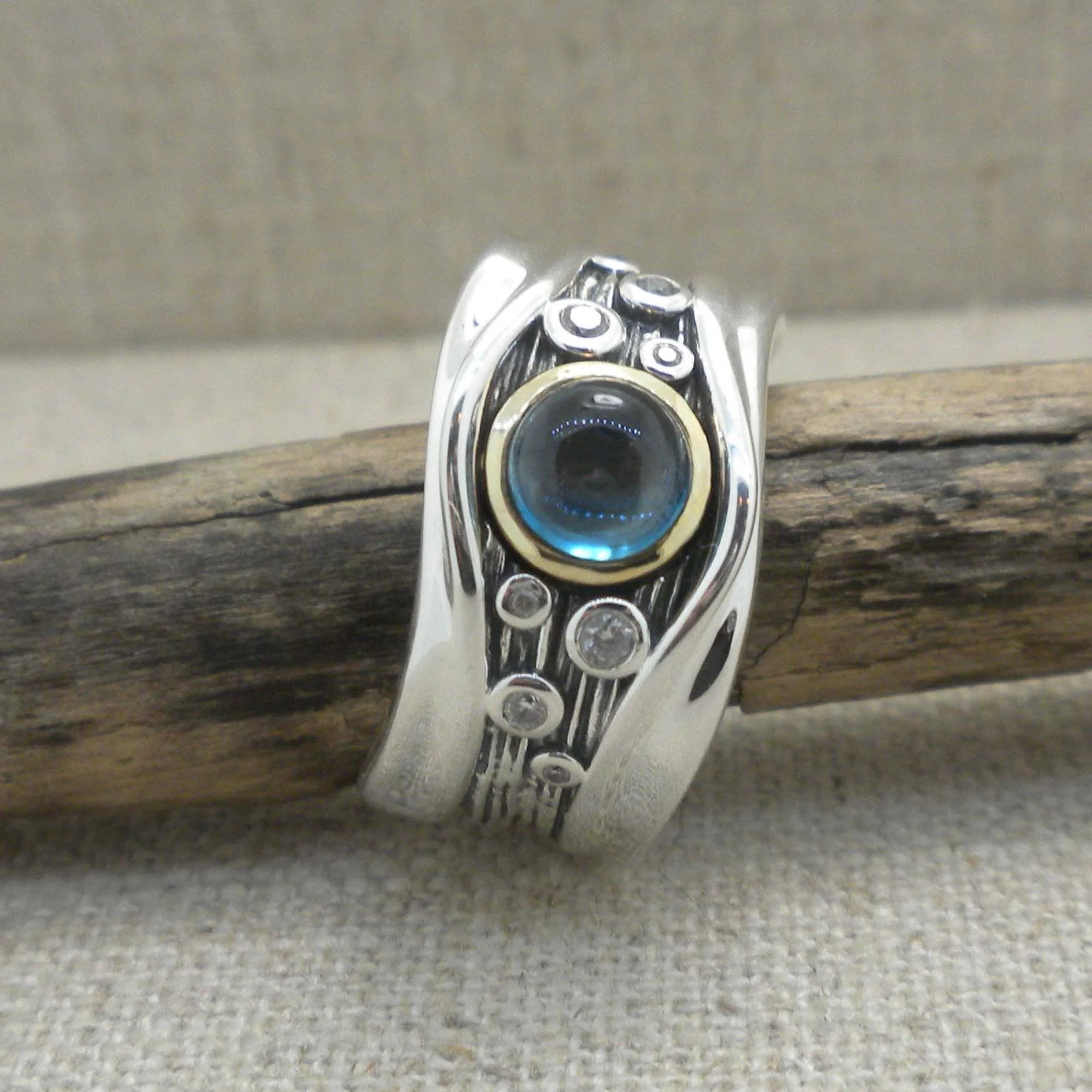 Sterling Silver &amp; 10K London Blue Topaz &amp; CZ Rocks 'N Rivers Ring 