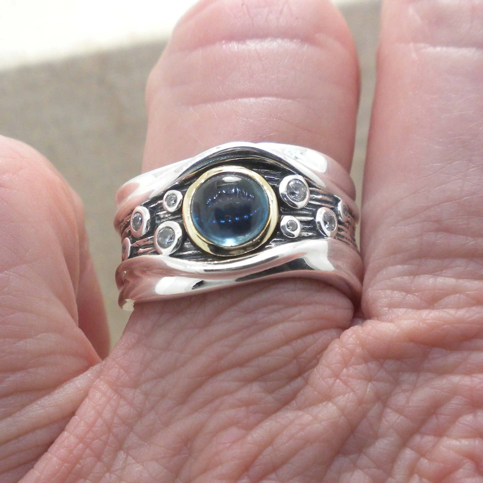 Sterling Silver &amp; 10K London Blue Topaz &amp; CZs Ring 