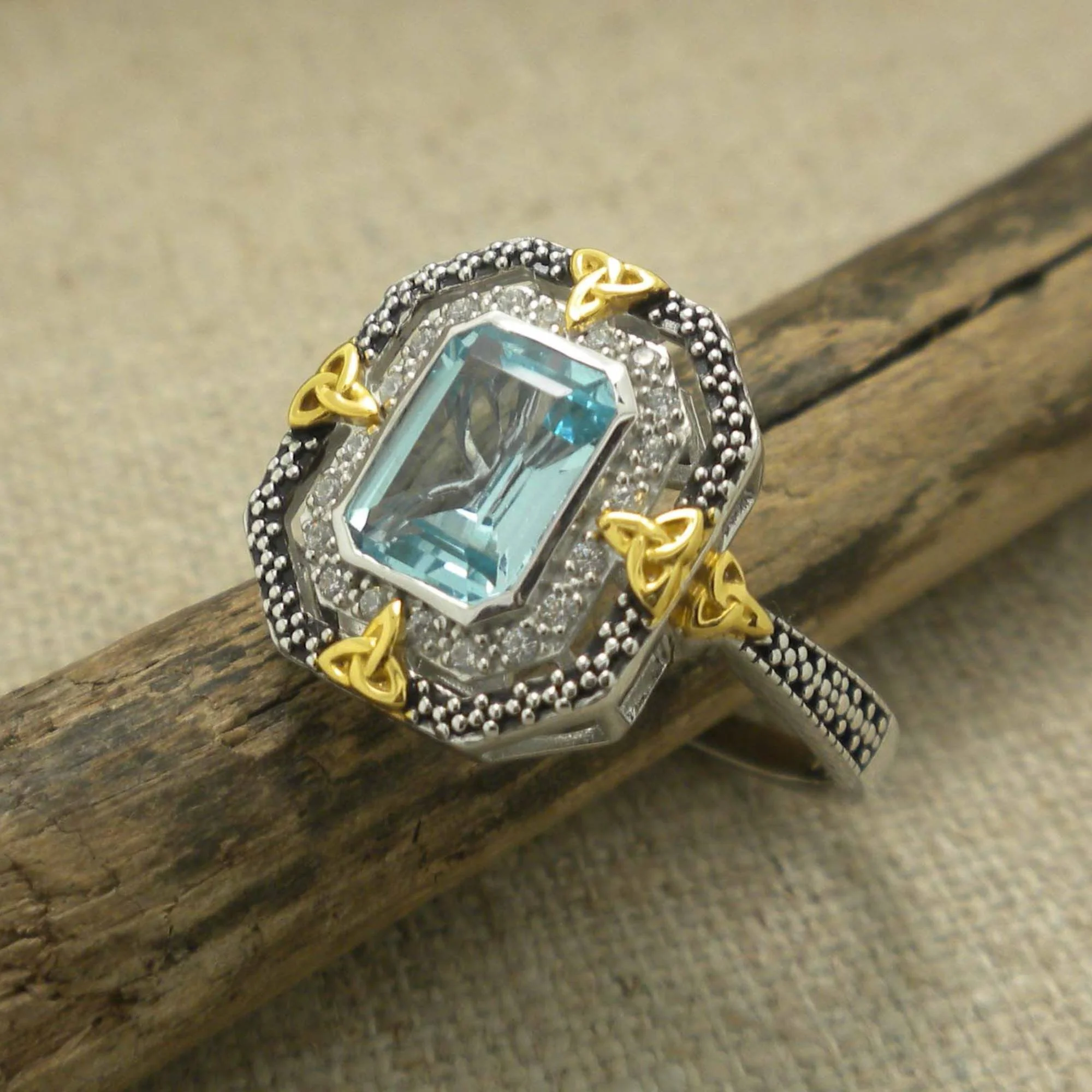 Sterling Silver & 10K Octagon Celestial Ring with Trinity Knots & Blue Topaz