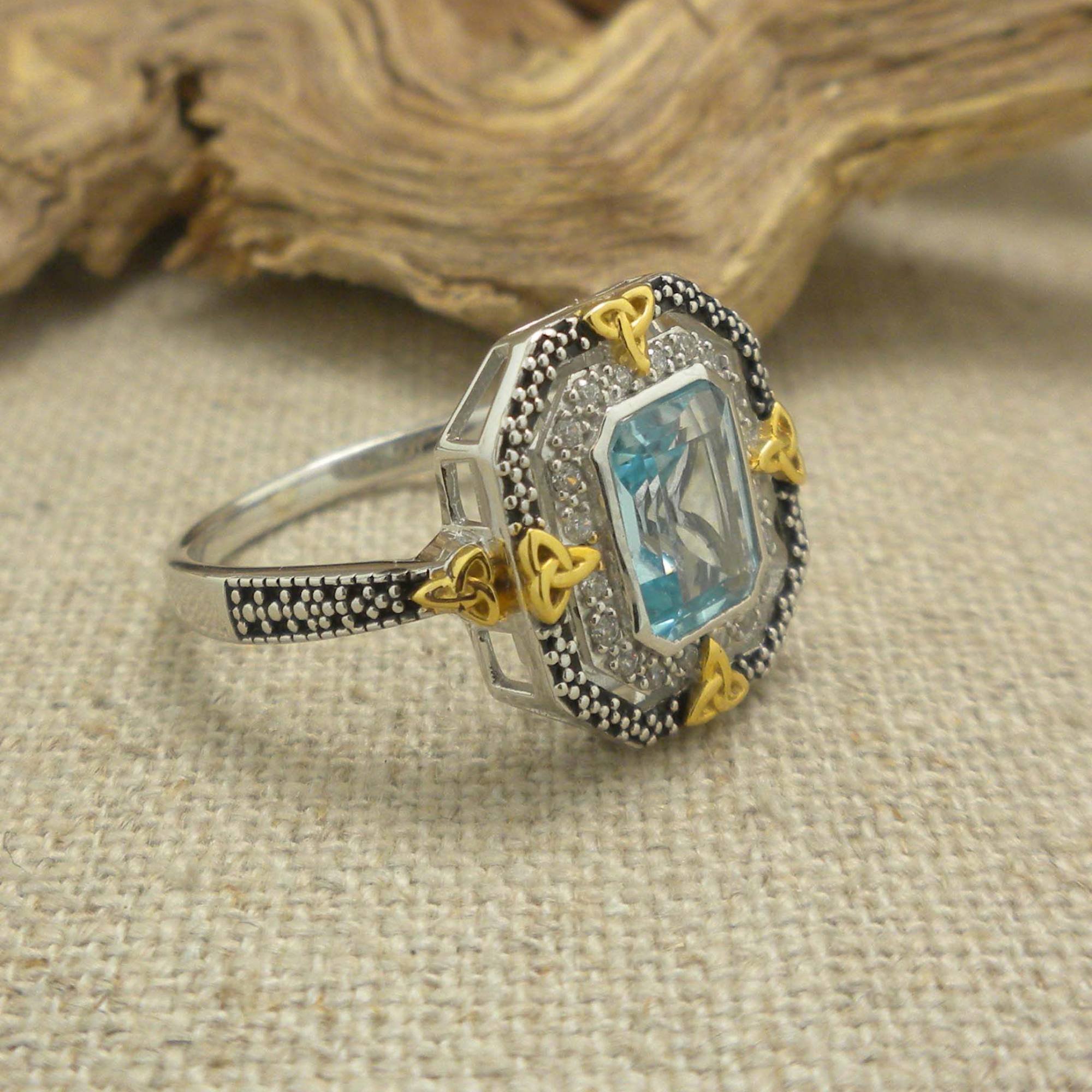 Sterling Silver &amp; 10K Octagon Celestial Ring with Trinity Knots &amp; Blue Topaz