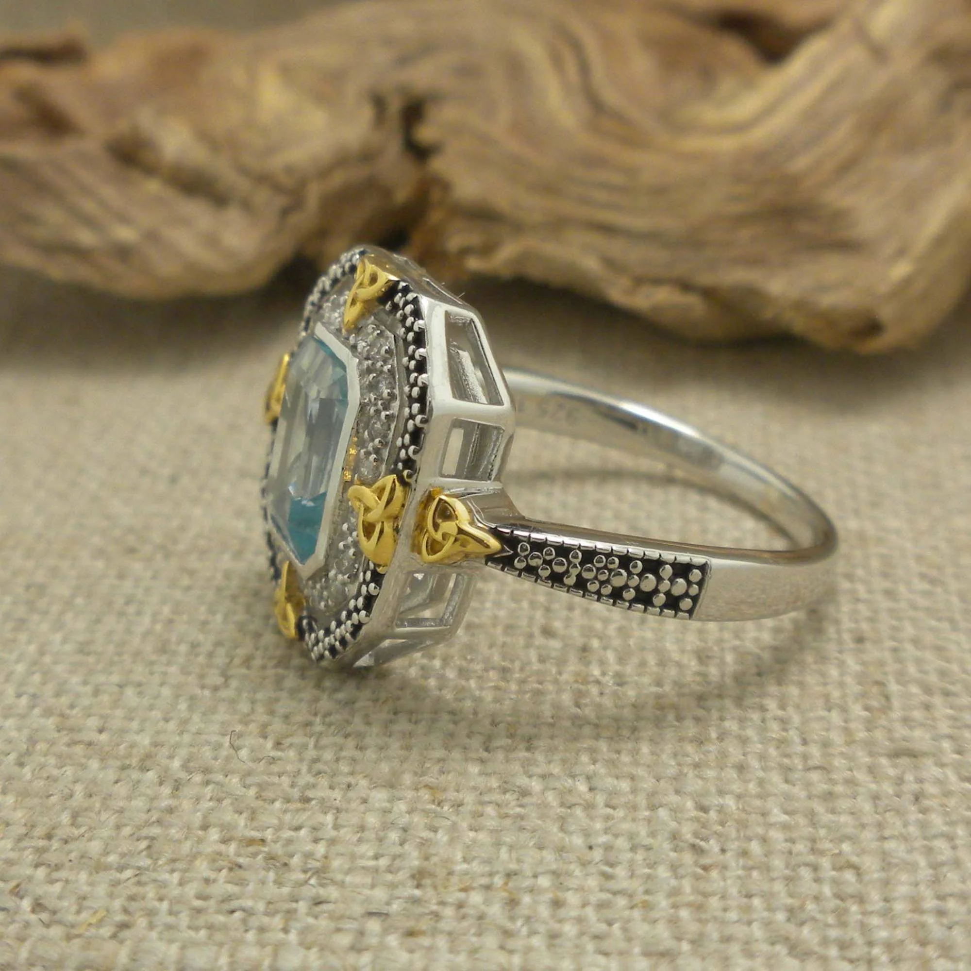 Sterling Silver &amp; 10K Octagon Celestial Ring with Trinity Knots &amp; Blue Topaz