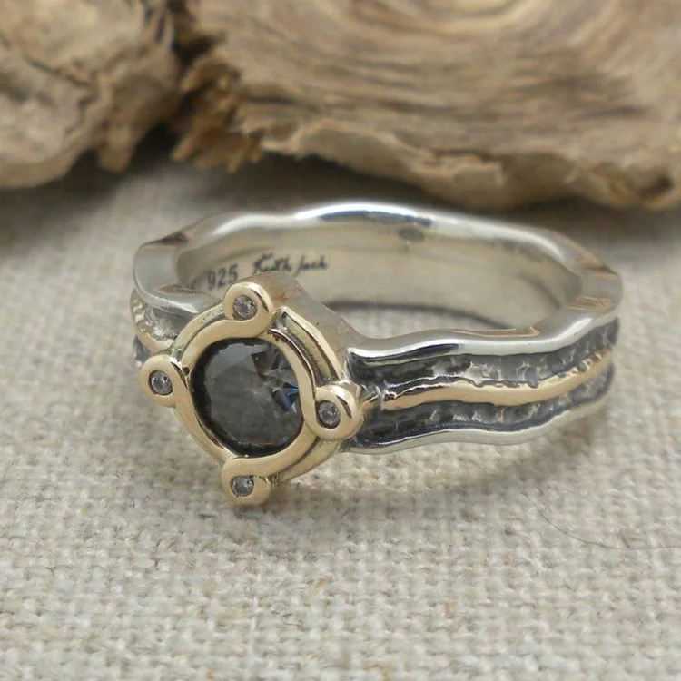 Sterling Silver &amp; 10K Rocks 'N Rivers Ring with Mystic Blue Moissanite