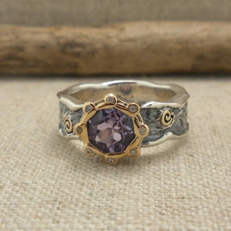 Sterling Silver &amp; 10K Amethyst &amp; CZ Rocks 'N Rivers Ring with Spirals