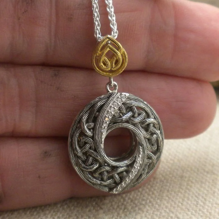 Sterling Silver and 10K Celtic Knot Whirlpool Pendant with CZs