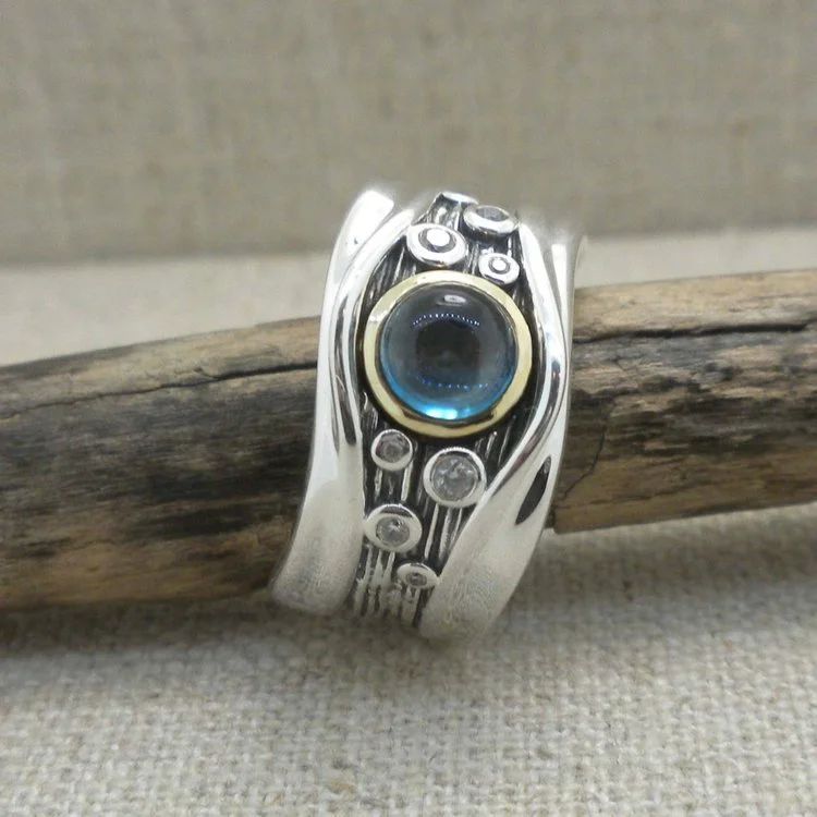 Sterling Silver &amp; 10K London Blue Topaz &amp; CZ Rocks 'N Rivers Ring