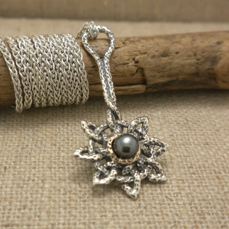 Sterling Silver &amp; 10K Long Aphrodite Pendant with Peacock Pearl