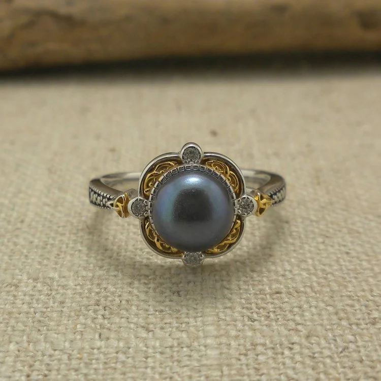 Sterling Silver &amp; 10K Aphrodite Ring with Trinity Knots &amp; Peacock Pearl